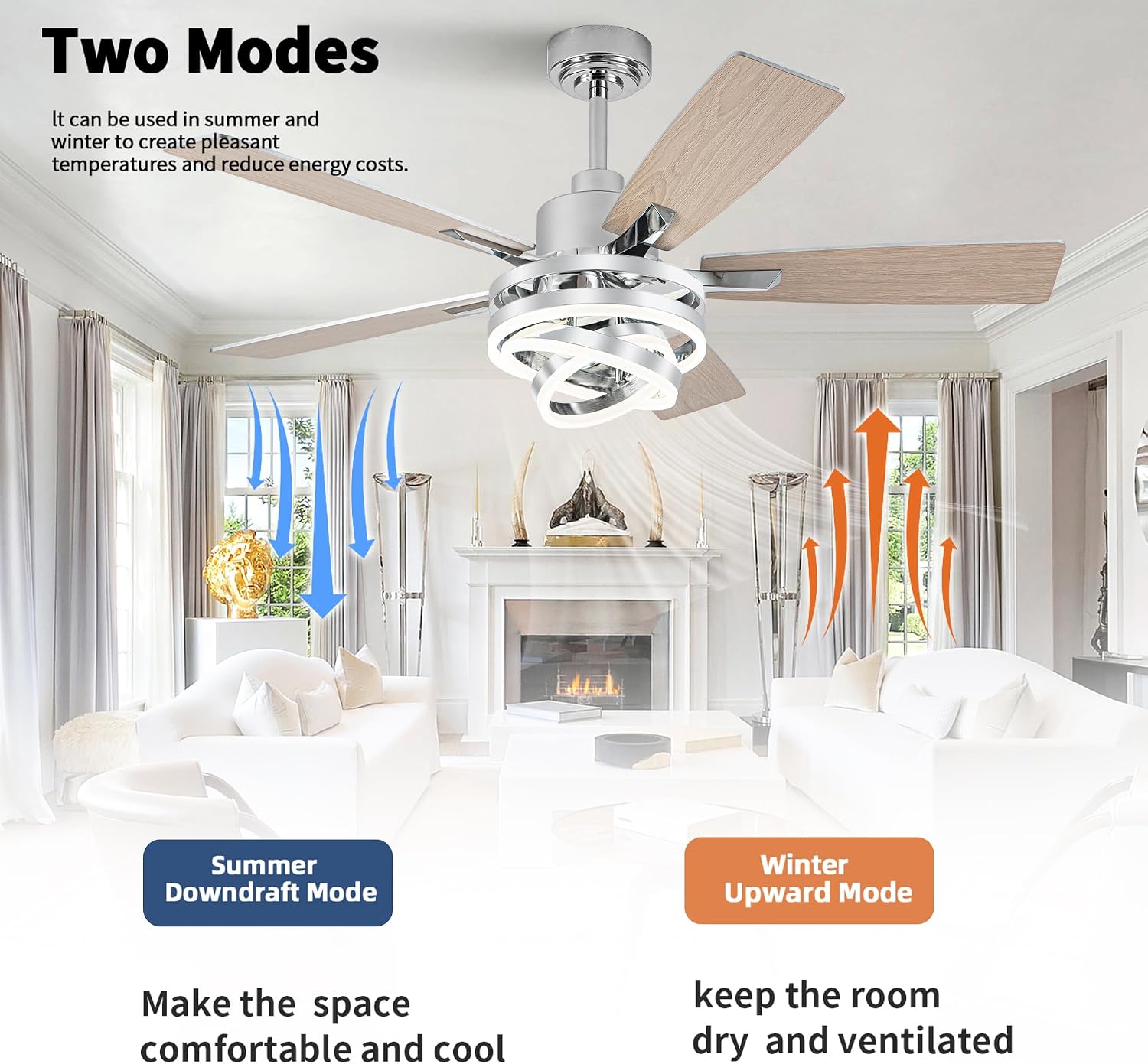 52 Inch Farmhouse Ceiling Fan with Light and Remote Control,Reversible DC Motor,Dimmable,DIY Rings LED,Chandelier Ceiling Fan with 5 Dual Finish Bladesfor Living Room/Dining Room/Bedroom