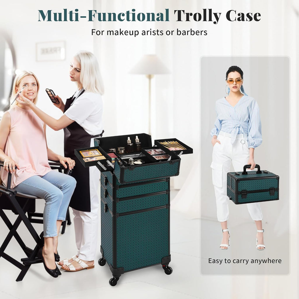 AROUS Rolling Makeup Train Case 4 in 1 Cosmetology Case on Wheels Large Storage Cosmetic Trolley with Key Salon Barber Traveling Cart Trunk, Green