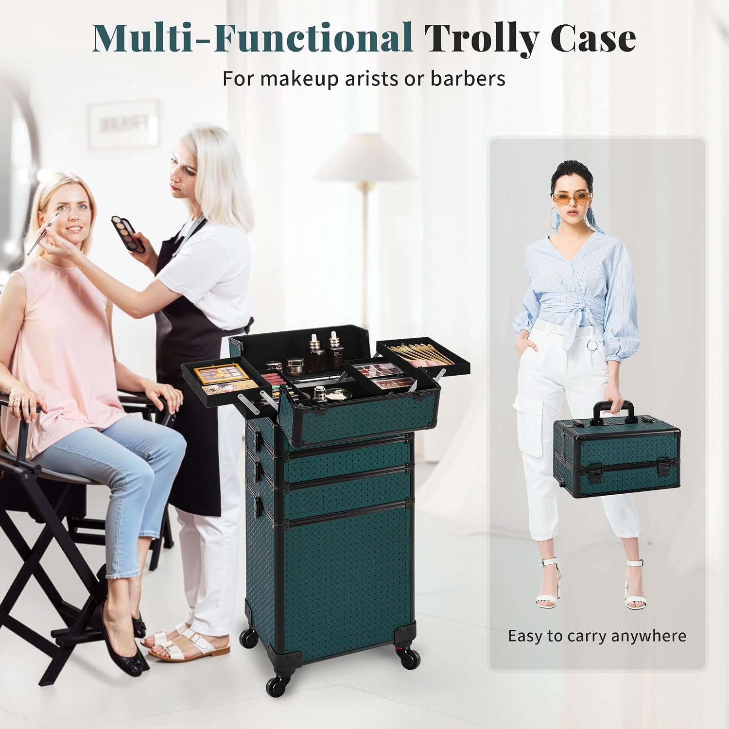 AROUS Rolling Makeup Train Case 4 in 1 Cosmetology Case on Wheels Large Storage Cosmetic Trolley with Key Salon Barber Traveling Cart Trunk, Green