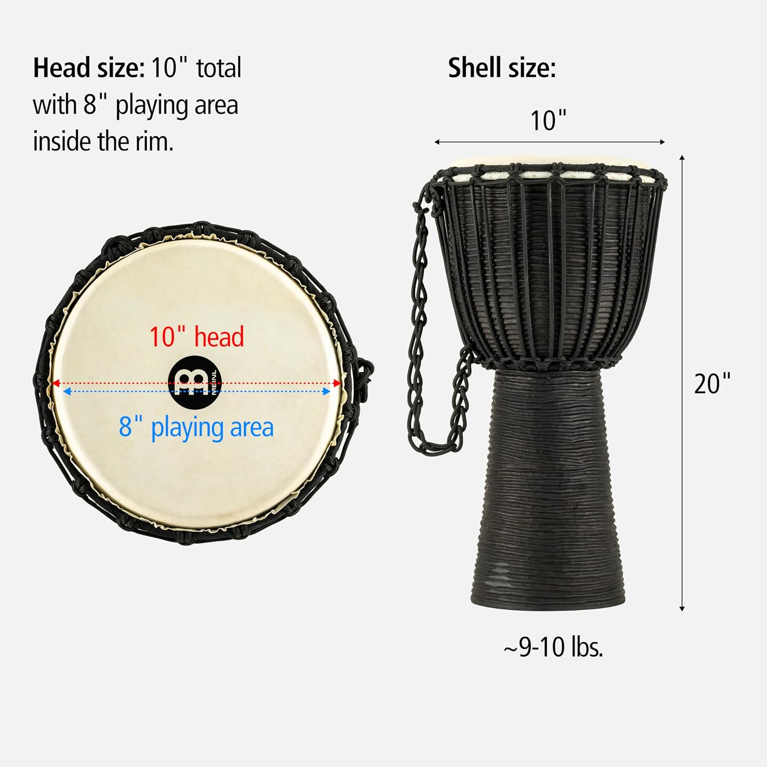 Meinl Percussion Djembe with Mahogany Wood - NOT Made in CHINA - 10-Inch Medium Size Rope Tuned Natural Head, 2-Year Warranty