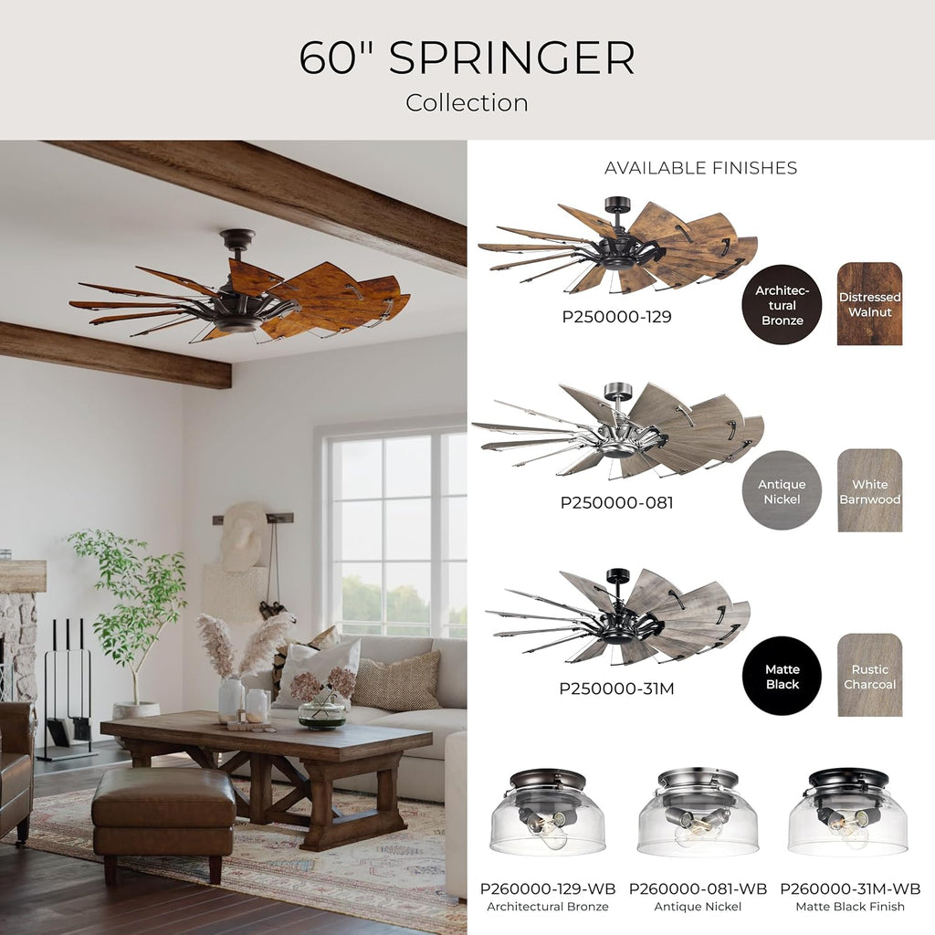 Progress Lighting Springer Collection DC Motor Farmhouse Windmill Ceiling Fan, Matte Black, 12-Blade (60' W x 17-3/8' H) P250000-31M