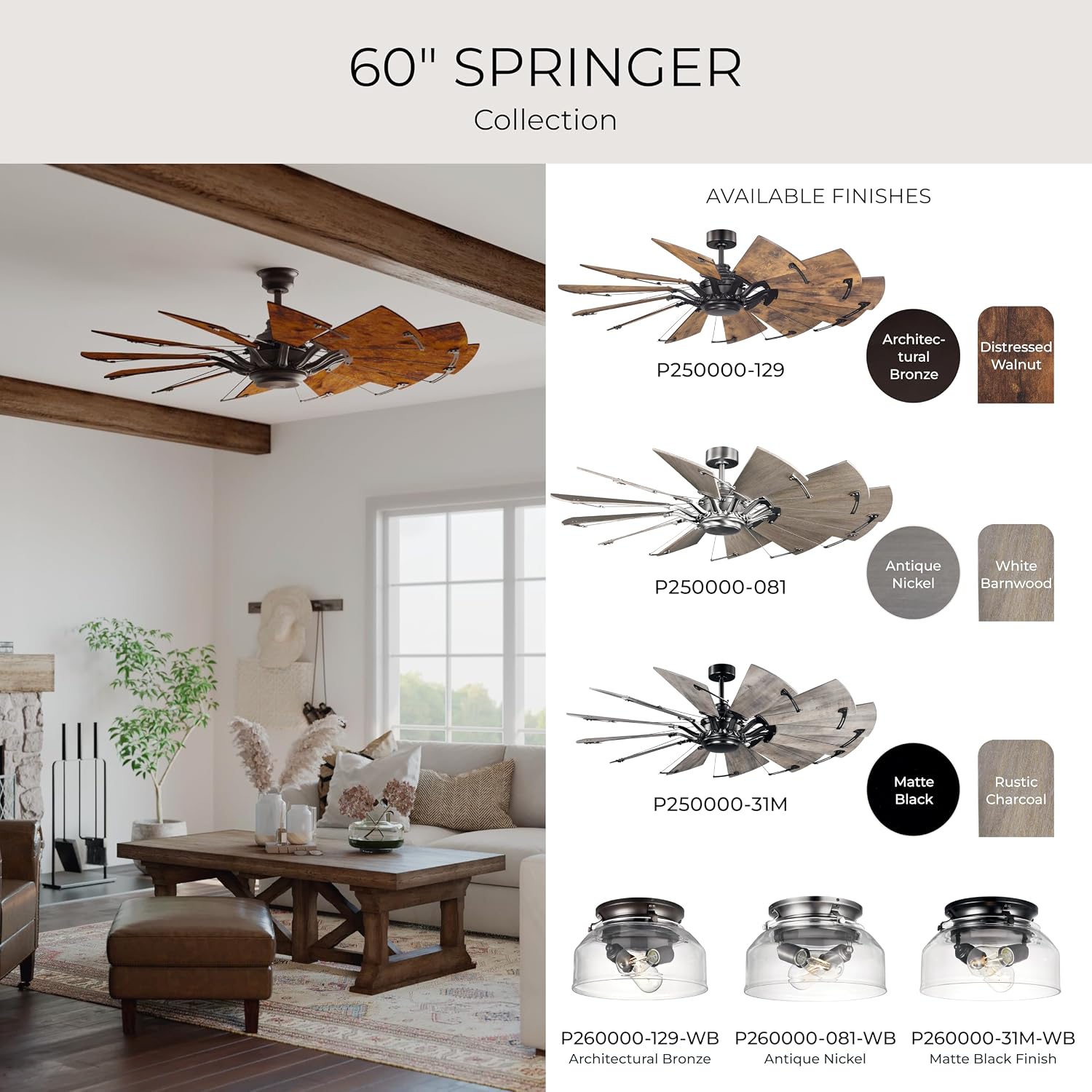 Progress Lighting Springer Collection DC Motor Farmhouse Windmill Ceiling Fan, Matte Black, 12-Blade (60' W x 17-3/8' H) P250000-31M