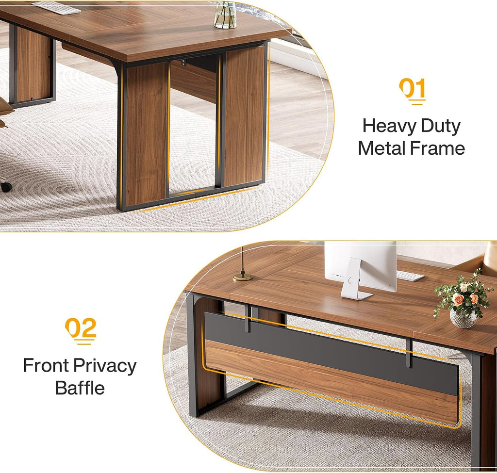 Tribesigns 63'' L-Shaped Executive Desk, Office Table with 39.37-Inch Drawers Cabinet, Large Computer Desk with Storage Shelves, Business Furniture Set for Home Office, Brown & Black