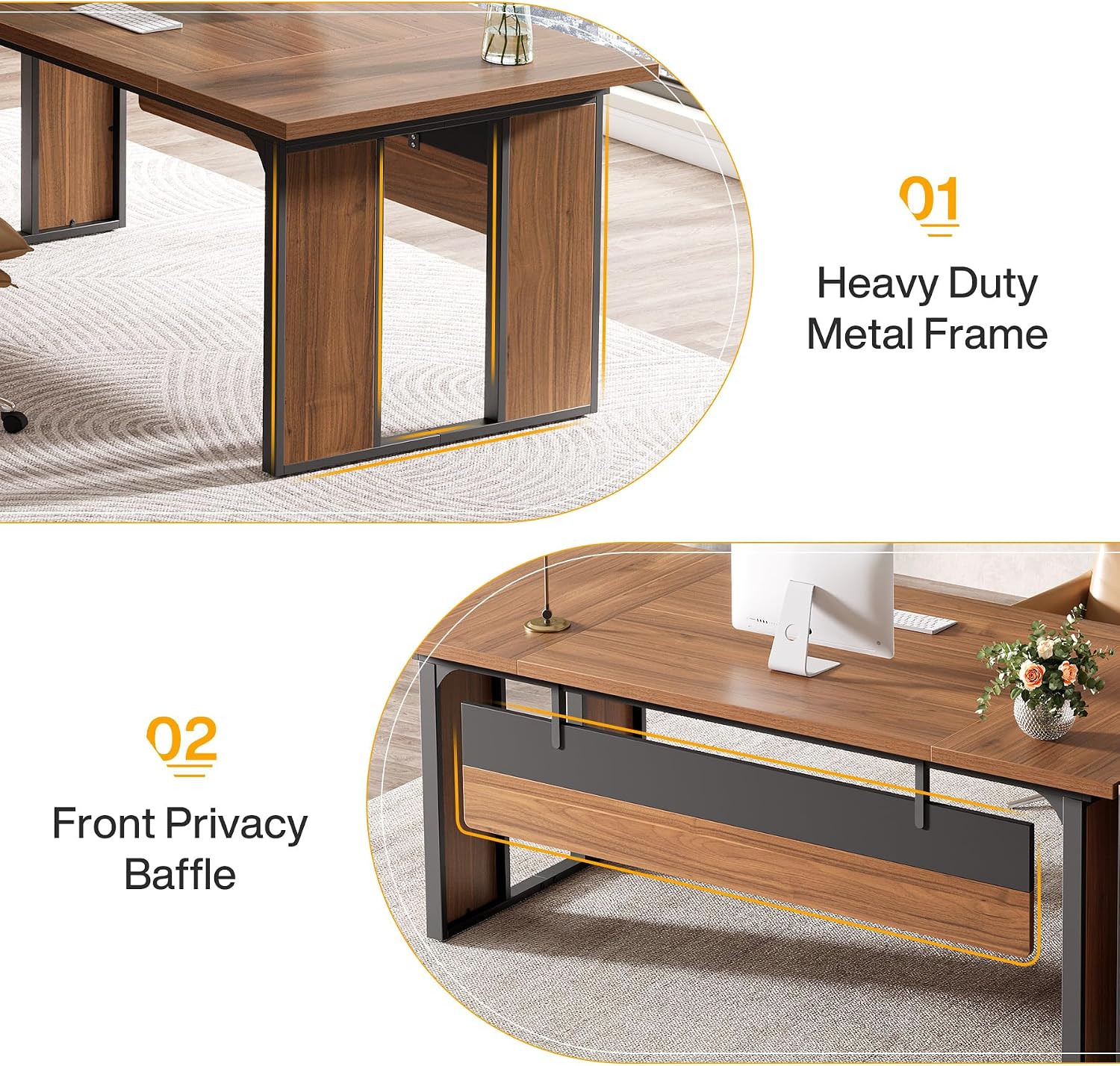 Tribesigns 63'' L-Shaped Executive Desk, Office Table with 39.37-Inch Drawers Cabinet, Large Computer Desk with Storage Shelves, Business Furniture Set for Home Office, Brown & Black