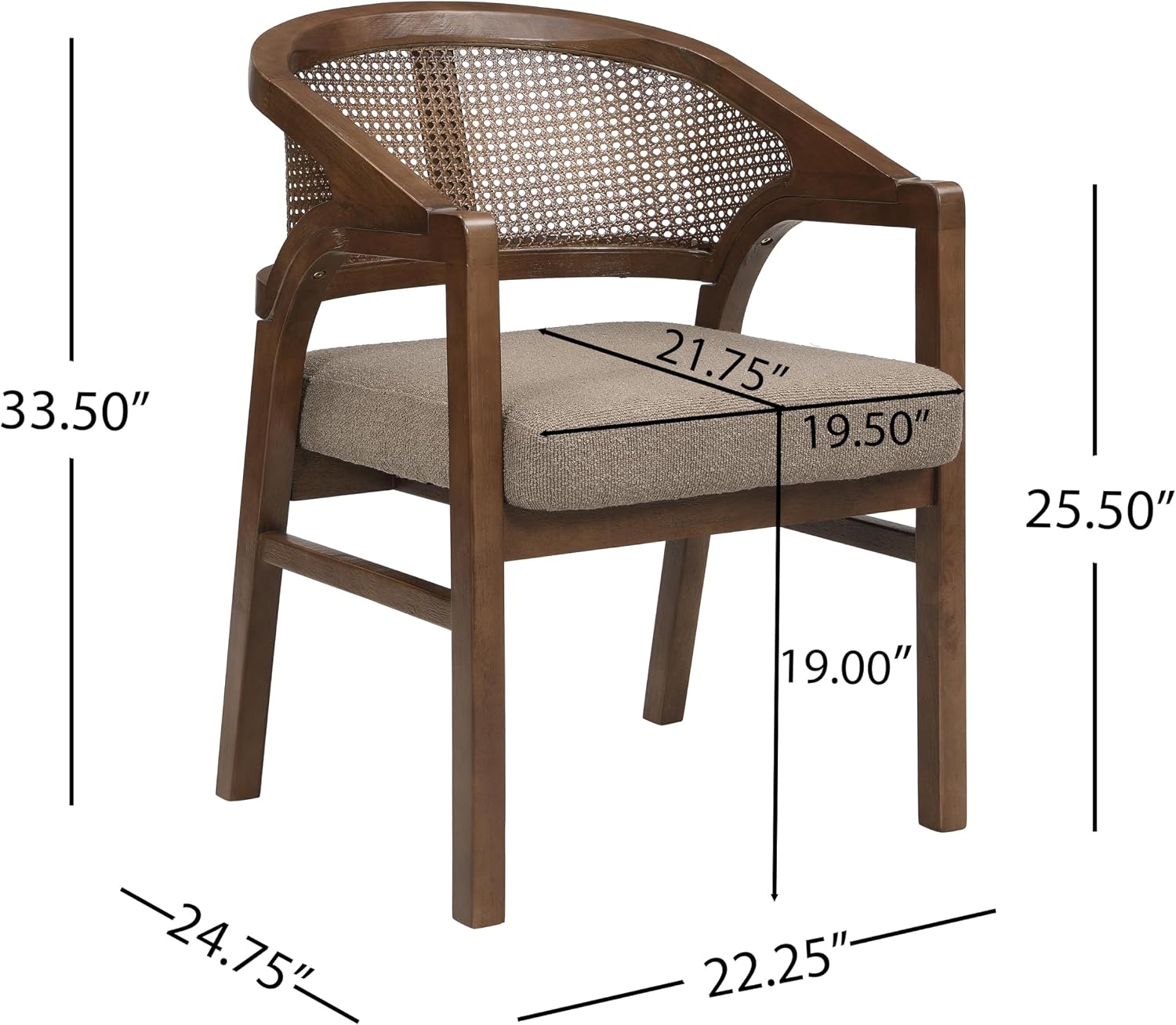 Christopher Knight Home Faritel Modern Dining Chairs Set of 2, Fabric Upholstered Kitchen Side Armchairs, Rubberwood Living Room Comfy Reading Chair with Curved Rattan Back, Walnut+Brown