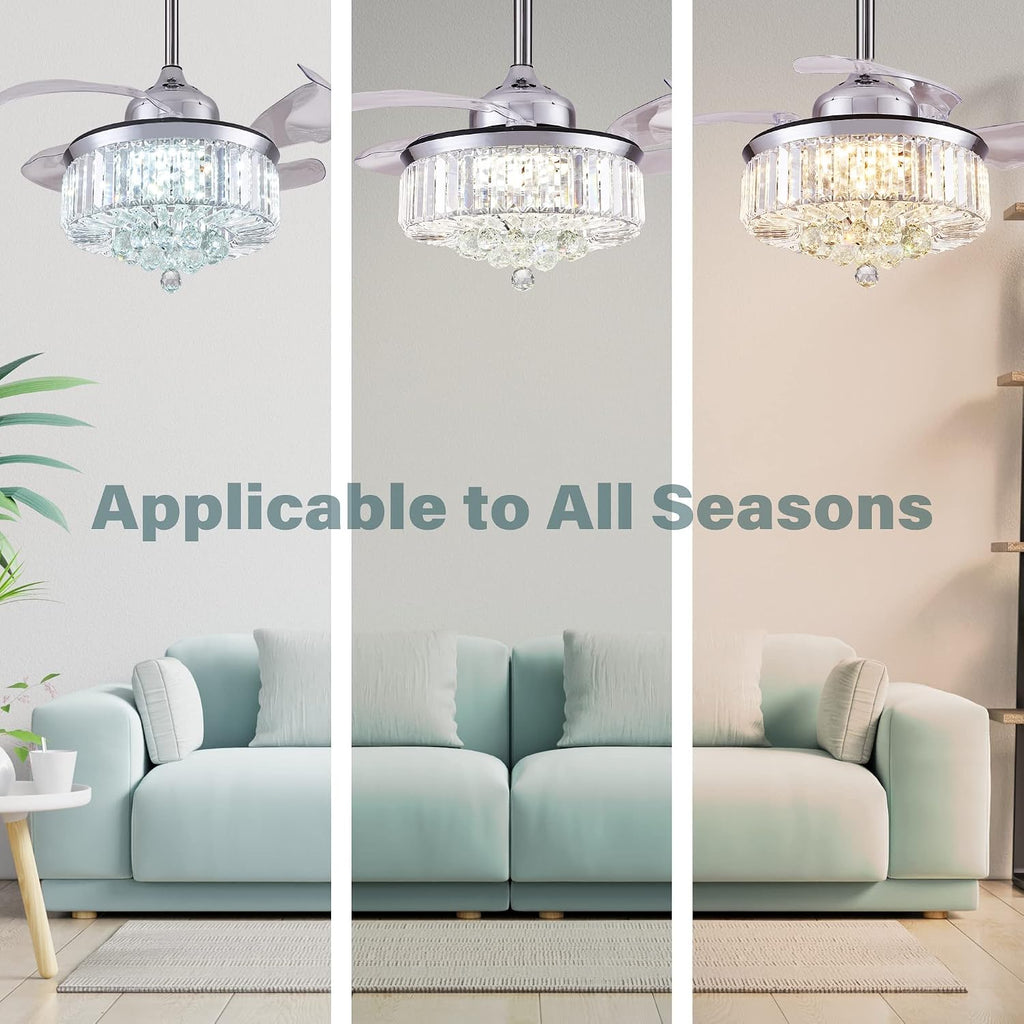 DuMaiWay 48' Chandelier Ceiling Fan with Lights, Fandelier, Retractable Crystal Ceiling Fan Chandelier with Remote Control LED Light for Bedroom Living Room Polished Chrome Silver 6 Speed 3 Light