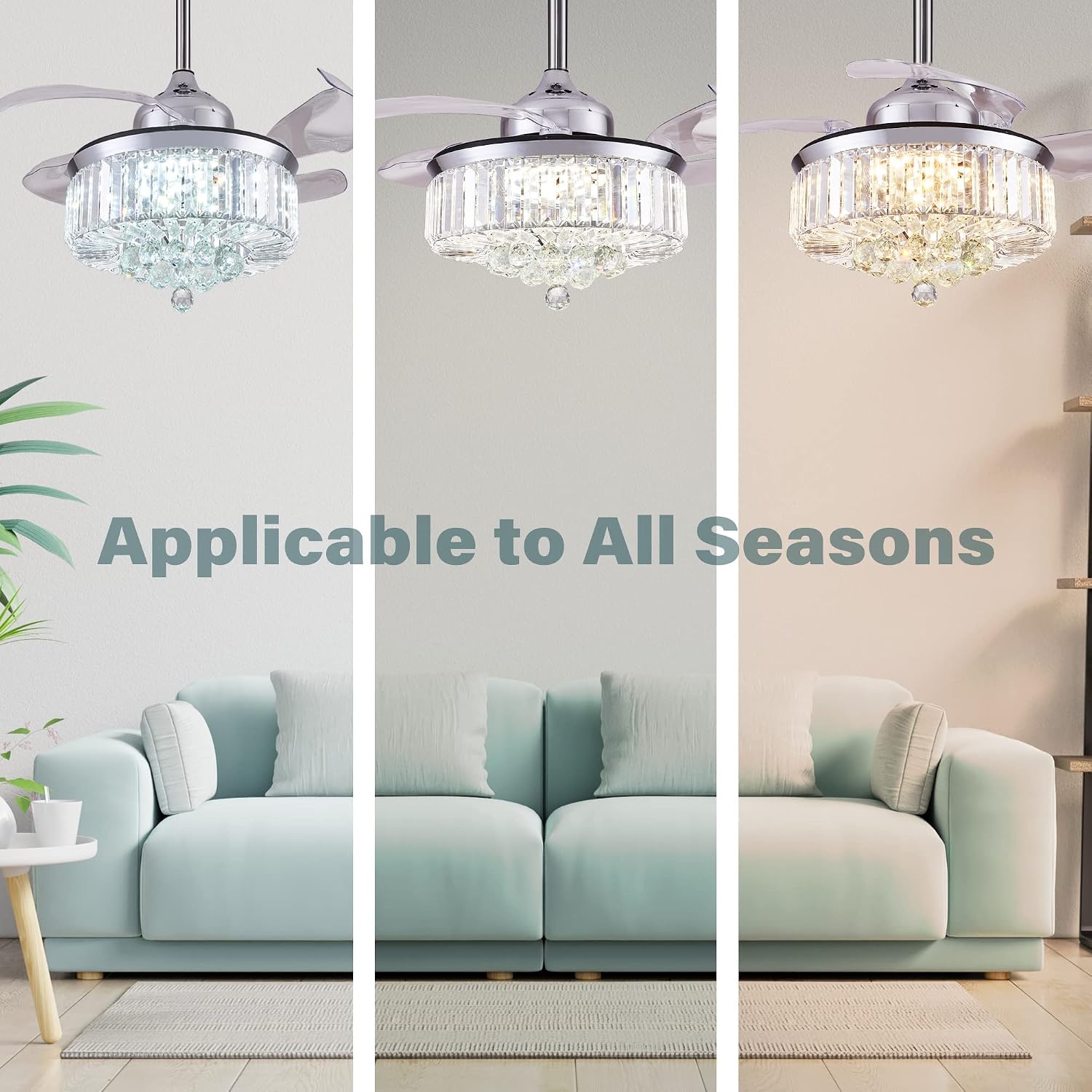 DuMaiWay 48' Chandelier Ceiling Fan with Lights, Fandelier, Retractable Crystal Ceiling Fan Chandelier with Remote Control LED Light for Bedroom Living Room Polished Chrome Silver 6 Speed 3 Light