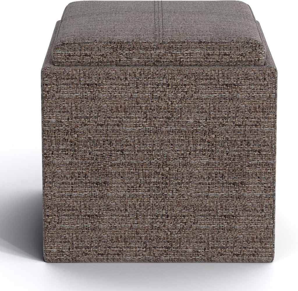 SIMPLIHOME Rockwood Cube Storage Ottoman with Tray - 17' Wide x 17' High Upholstered Tweed Look Fabric Square Storage Ottoman in Mink Brown,Contemporary Cube Ottoman for Living Room with Serving Tray