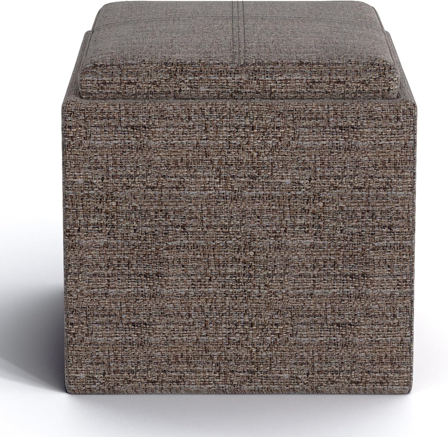 SIMPLIHOME Rockwood Cube Storage Ottoman with Tray - 17' Wide x 17' High Upholstered Tweed Look Fabric Square Storage Ottoman in Mink Brown,Contemporary Cube Ottoman for Living Room with Serving Tray