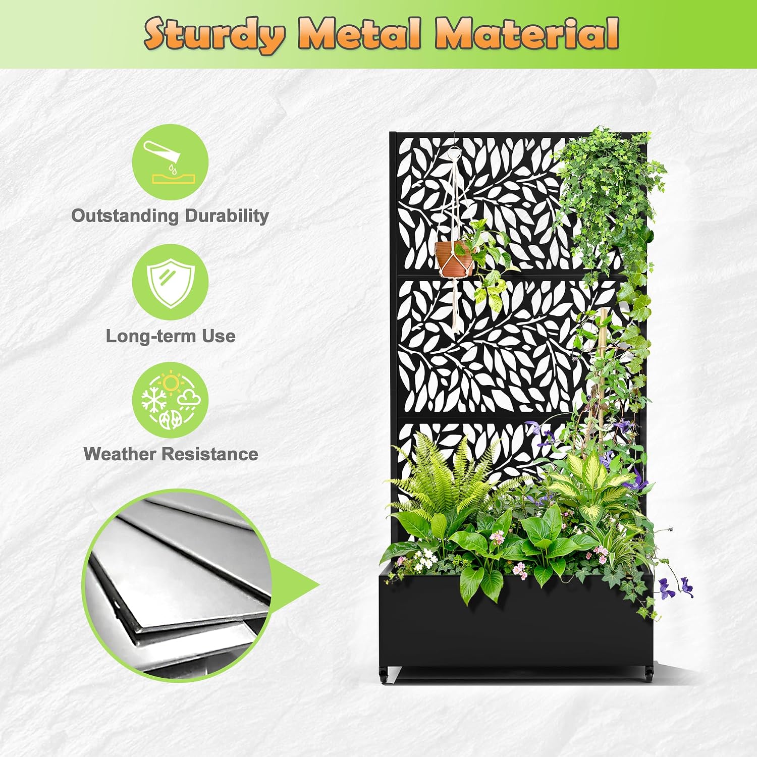 Metal Raised Garden Bed with Trellis, 2 in 1 Trellis with Planter Box & Privacy Screen for Climbing Plants, Vine, Outdoor Standing Flower Beds with Drainage Holes, 35.4'L x 15.7'W x 70.10'H,(Black)