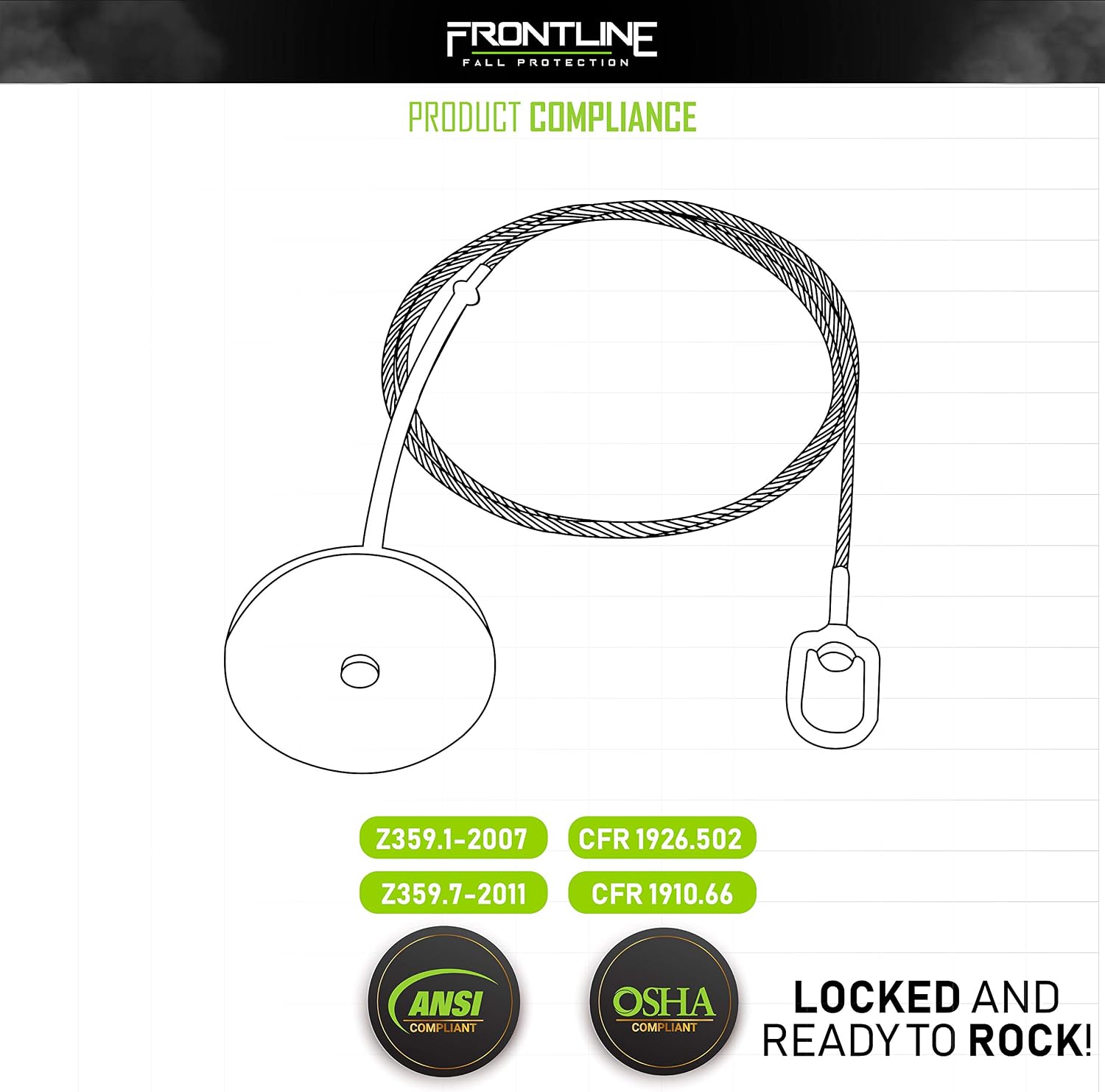 Frontline Fall Protection DT606 Drop Thru Anchor 6' Round Plate with 6' Cable | OSHA & ANSI Compliant | Removable and Reusable Anchor Point | Over Head Applications