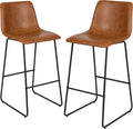 Flash Furniture Reagan 30' LeatherSoft Barstools with Footrest, Mid-Century Modern Bucket Style Bar Height Stools, Set of 2, Light Brown