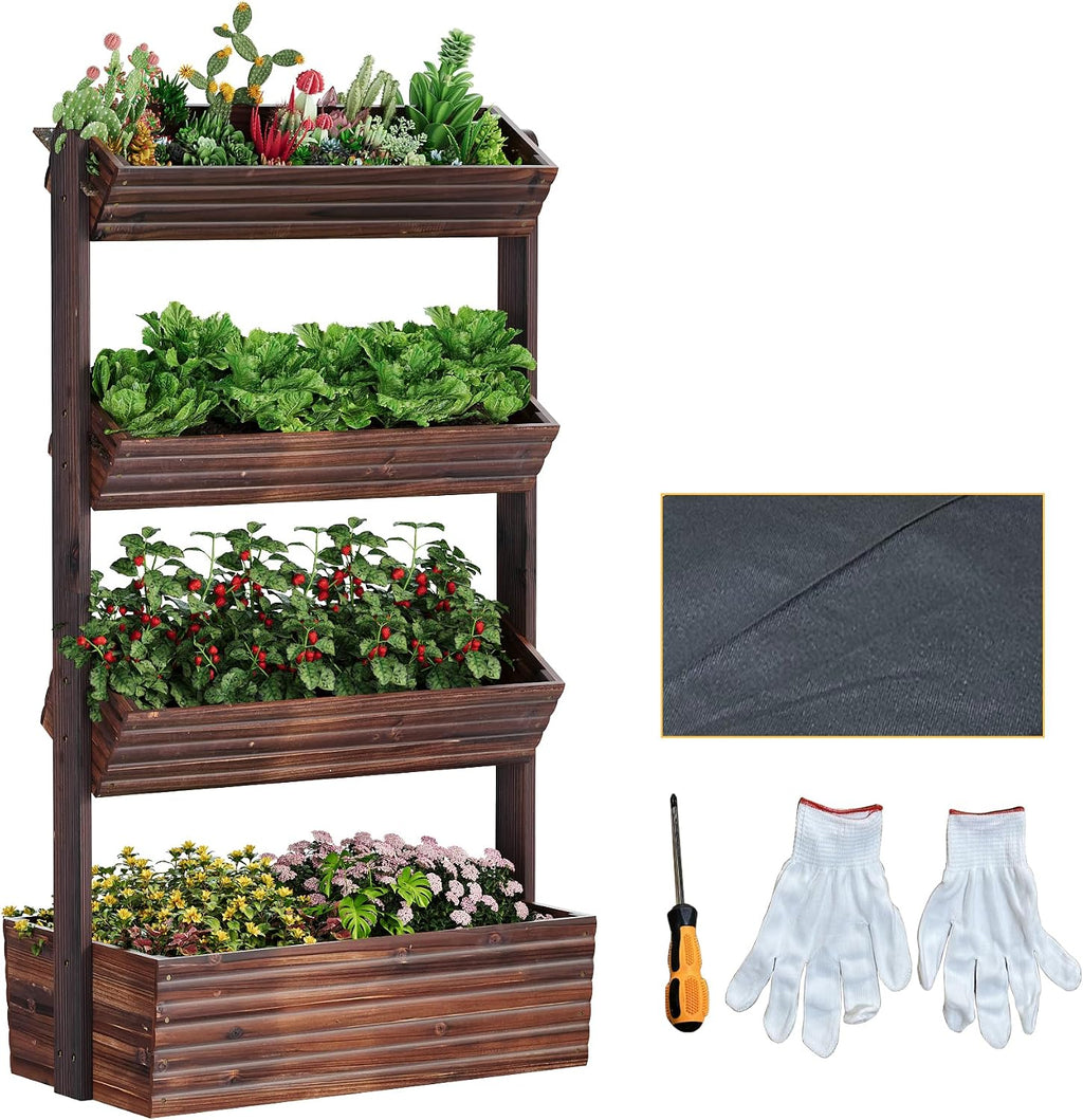 Garden Bed Vertical Wooden Raised Garden Bed Planters Wood Planter Kit Plant Stand Flower Rack Planter Box Gardening Plants Herbs Flowers Vegetables Outdoor Indoor Freestanding (Carbonized 4-Tier)