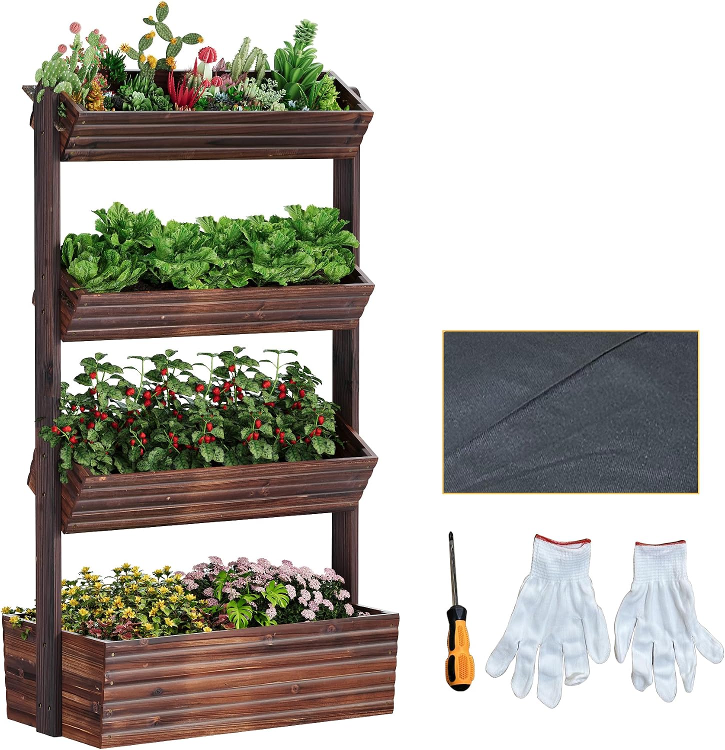Garden Bed Vertical Wooden Raised Garden Bed Planters Wood Planter Kit Plant Stand Flower Rack Planter Box Gardening Plants Herbs Flowers Vegetables Outdoor Indoor Freestanding (Carbonized 4-Tier)