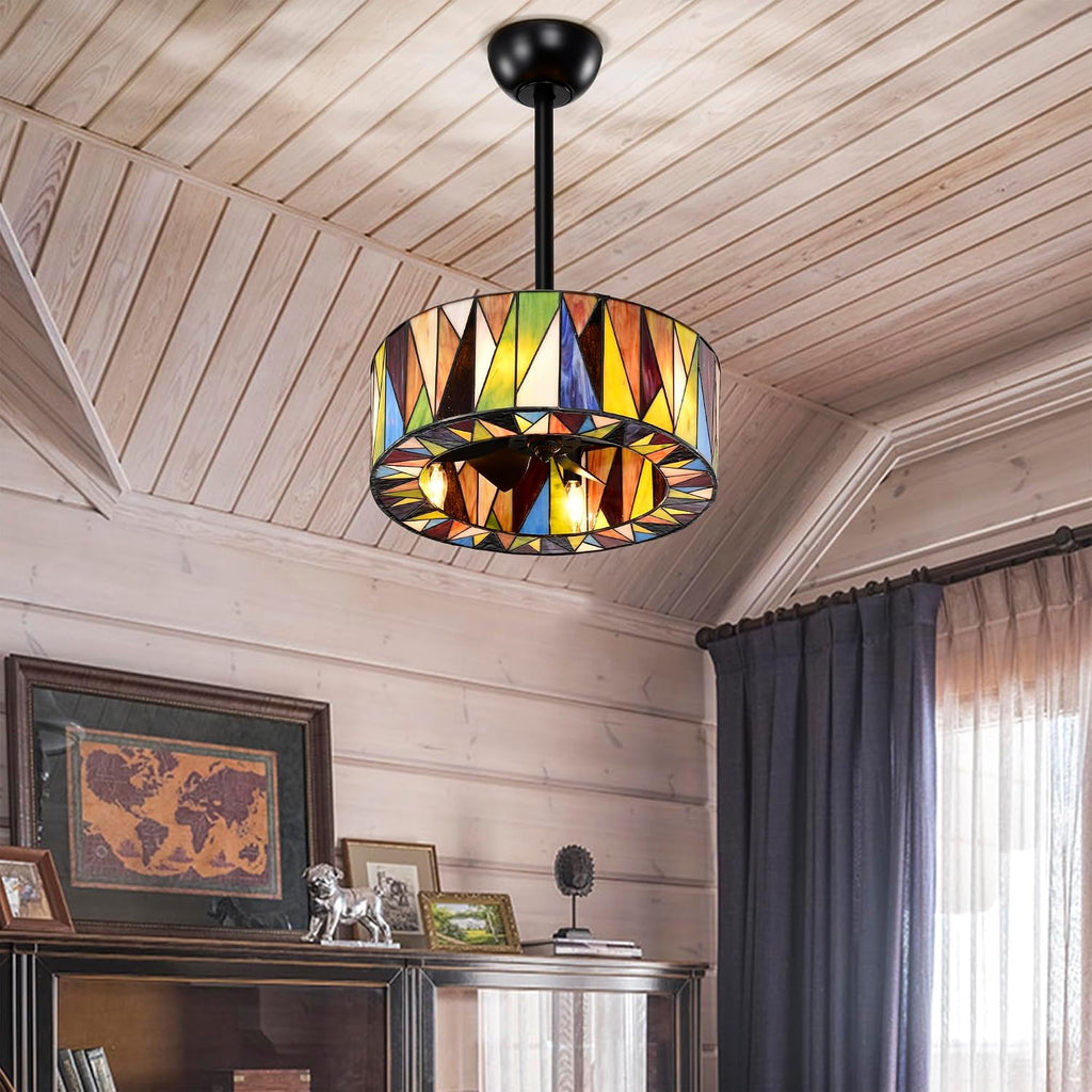 Svenja Black Lighted Ceiling Fan with Multi-Colored Earth Tones Tiffany Style Glass Shade Fandelier with Remote