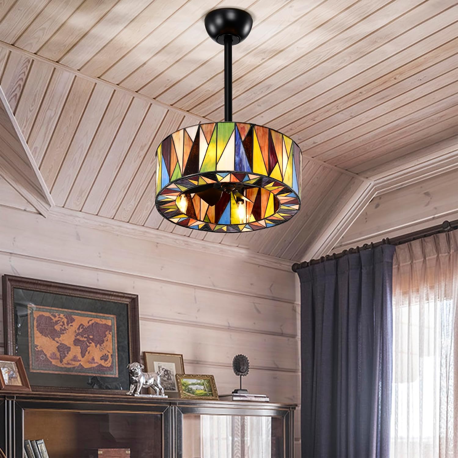 Svenja Black Lighted Ceiling Fan with Multi-Colored Earth Tones Tiffany Style Glass Shade Fandelier with Remote