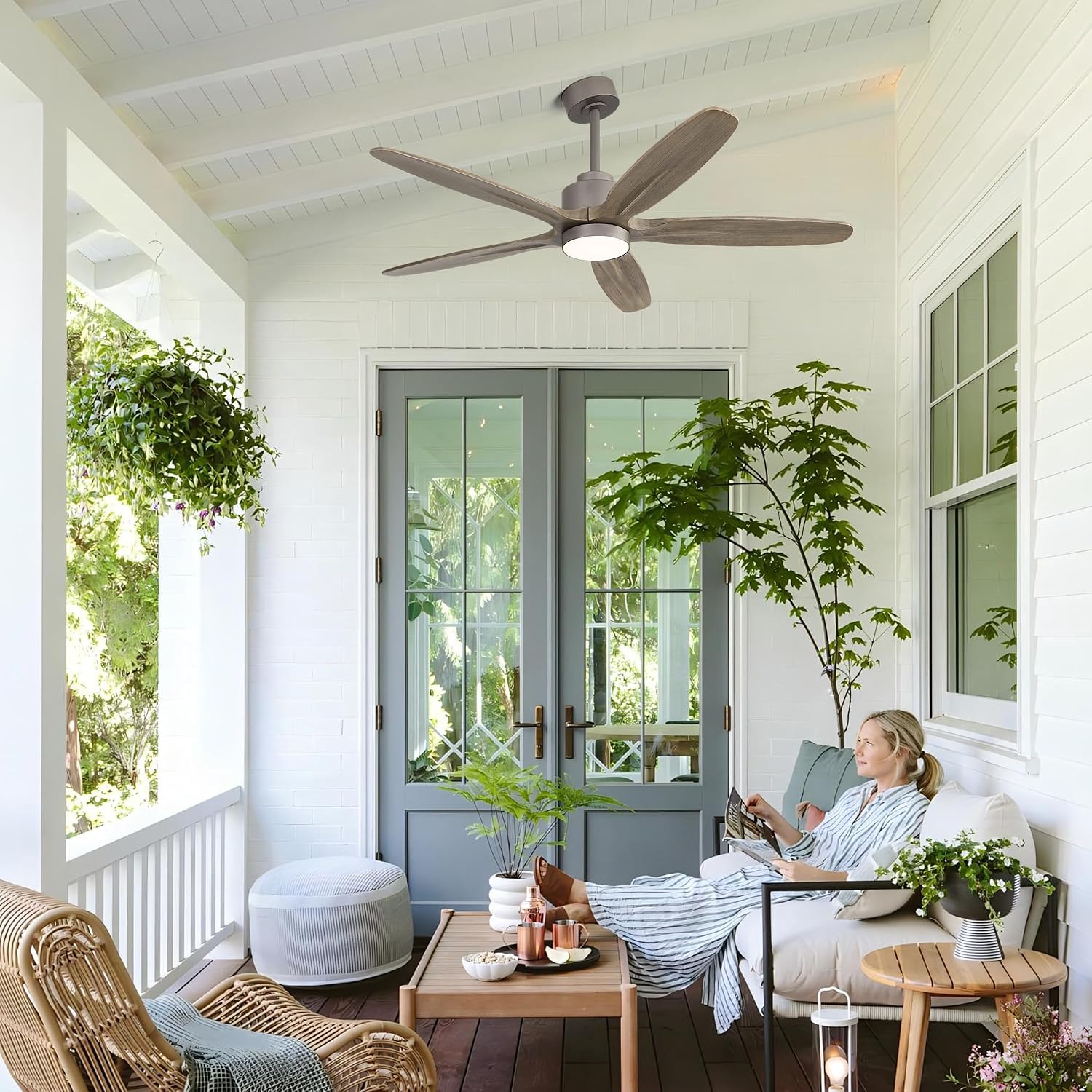 WINGBO 54' Ceiling Fan with Light - 5 Carved Solid Wood Blades, 6-Speed Reversible DC Motor, Dimmable, 3CCT, Noiseless Remote Control Ceiling Fans with Lights for Bedroom Living Room, Charcoal Gray