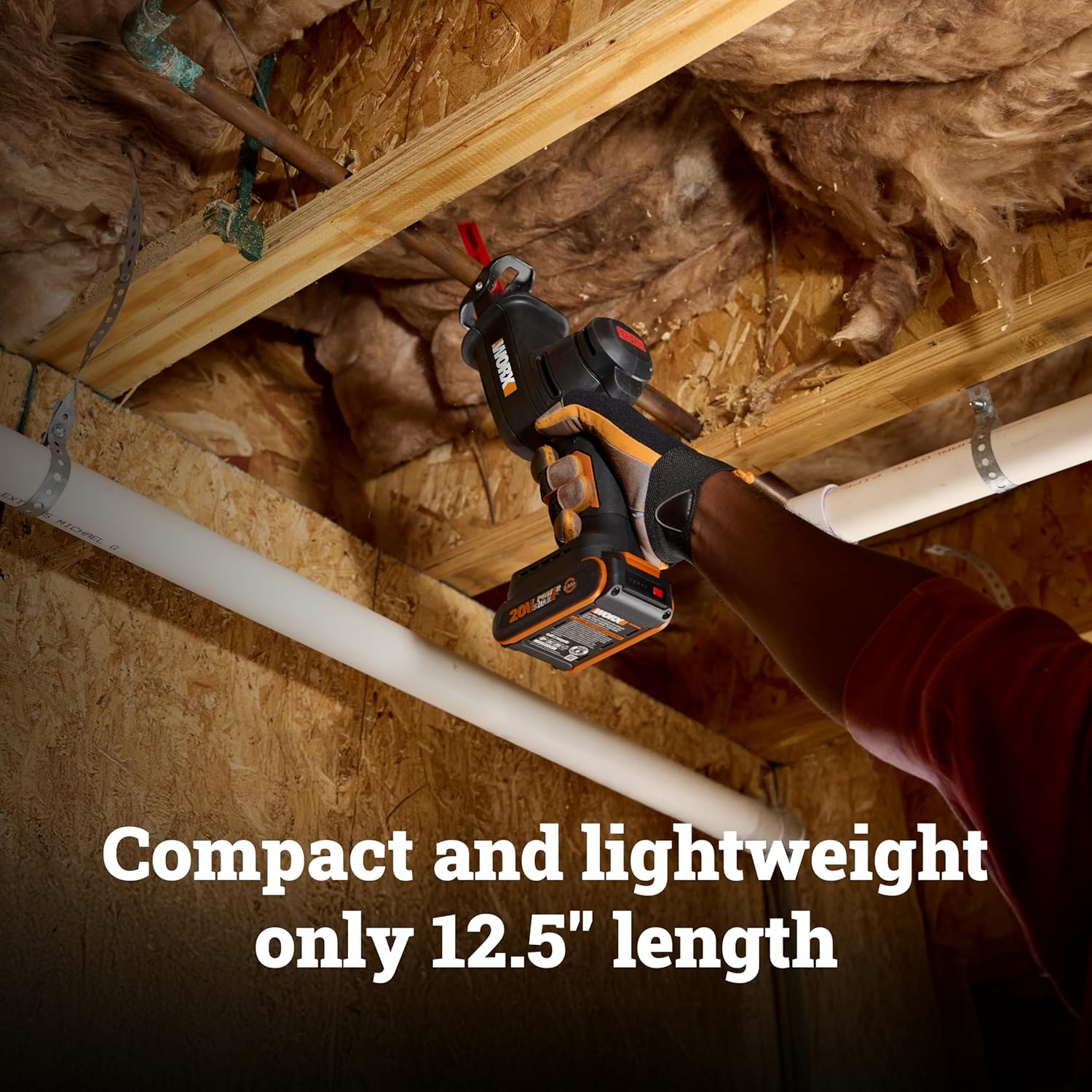 WORX Cordless Reciprocating Saw, 20V 1' Brushless Reciprocating Saw, 1' Stroke Length, Fast cuts up to 3,000 SPM, 12.5' Compact Design, 75% Lower Vibration, Battery and Charger Included, PowerShare