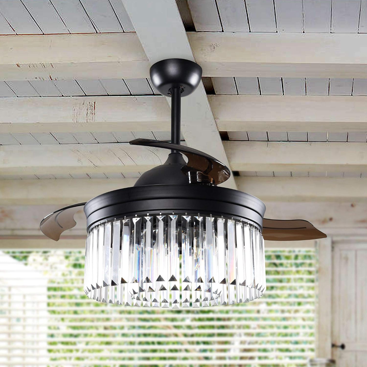 Parrot Uncle Ceiling Fans with Lights and Remote Black Chandelier Ceiling Fan with Light for Bedroom, Retractable Blades, 42 Inch