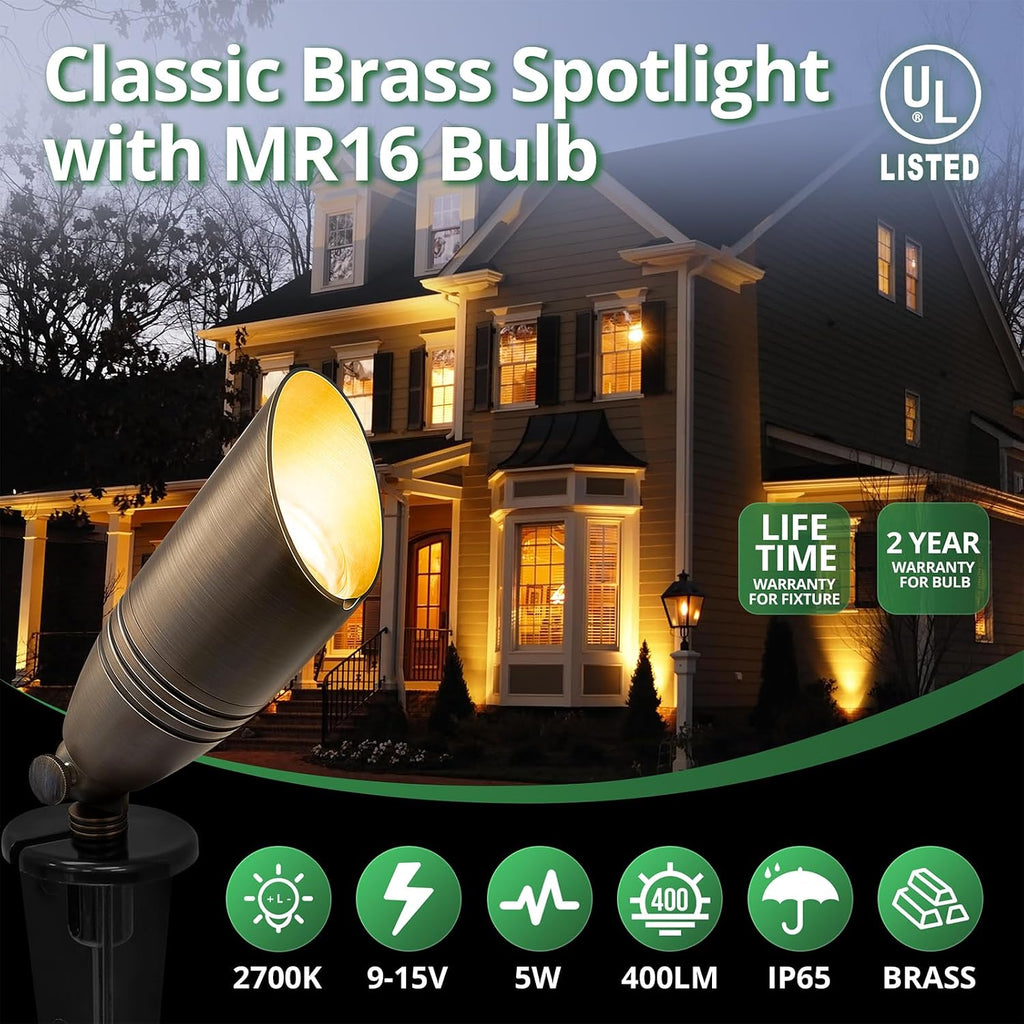 GKOLED UL Listed Solid Brass Landscape Spotlight, Low Voltage Outdoor Directional Uplight, with 5W MR16 LED Bulb & Large Rugged Slot Spike, 12V AC/DC Garden Patio Spot Up Light (10 Pack)