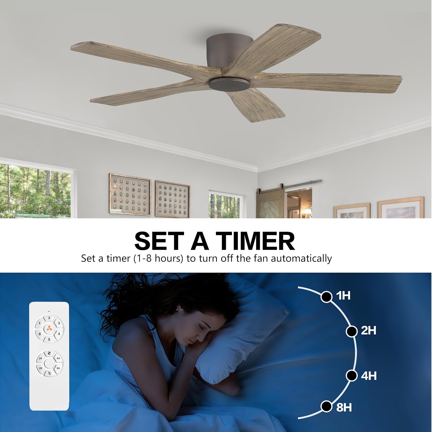 WINGBO 48' Flush Mount DC Ceiling Fans without Lights, 5 Carved Solid Wood Blades, 6-Speed Reversible DC Motor, Low Profile Hugger Ceiling Fan No Light for Living Room Bedroom Patio, Graphite and Gray