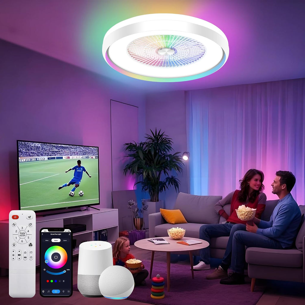 24' Low Profile Ceiling Fan with RGB Lights, Bladeless Ceiling Fan with Remote/APP/Voice Control, 6 Speeds Flush Mount Smart for Bedroom
