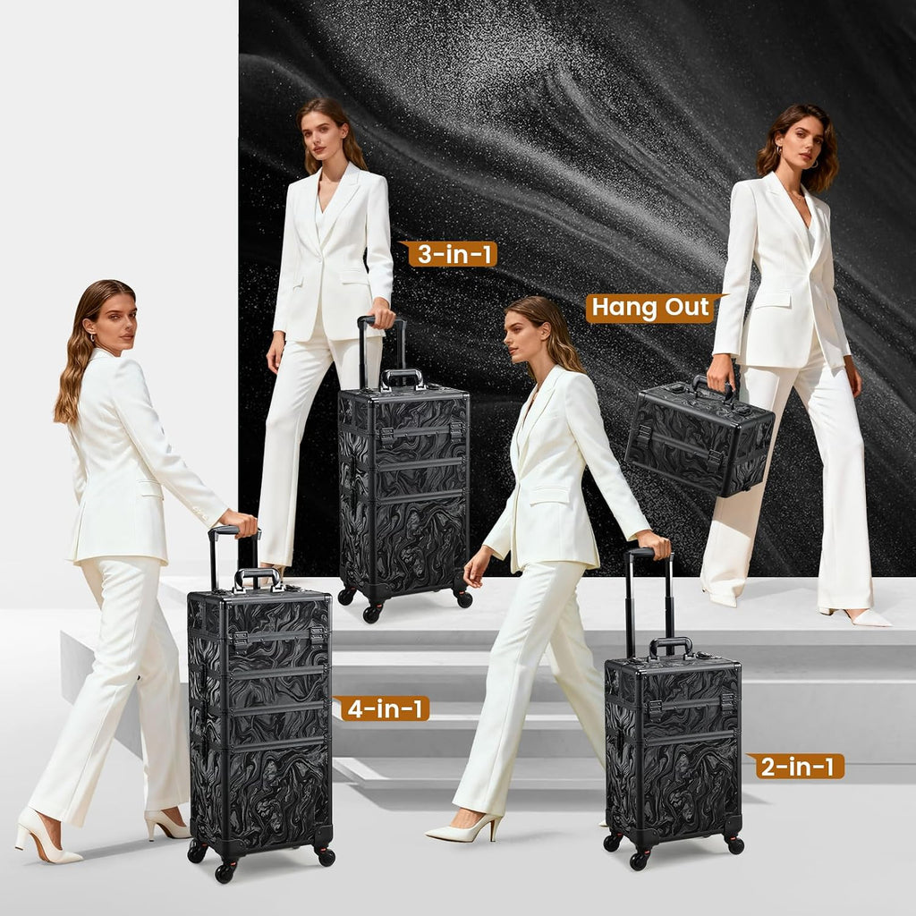 Stagiant Rolling Makeup Case 4 in 1 Cosmetology Case on Wheels Makeup Travel Case with Cosmetic Bag Key Swivel Wheels Salon Barber Case Traveling Cart Trunk Cosmetic Trolley Alpine Black