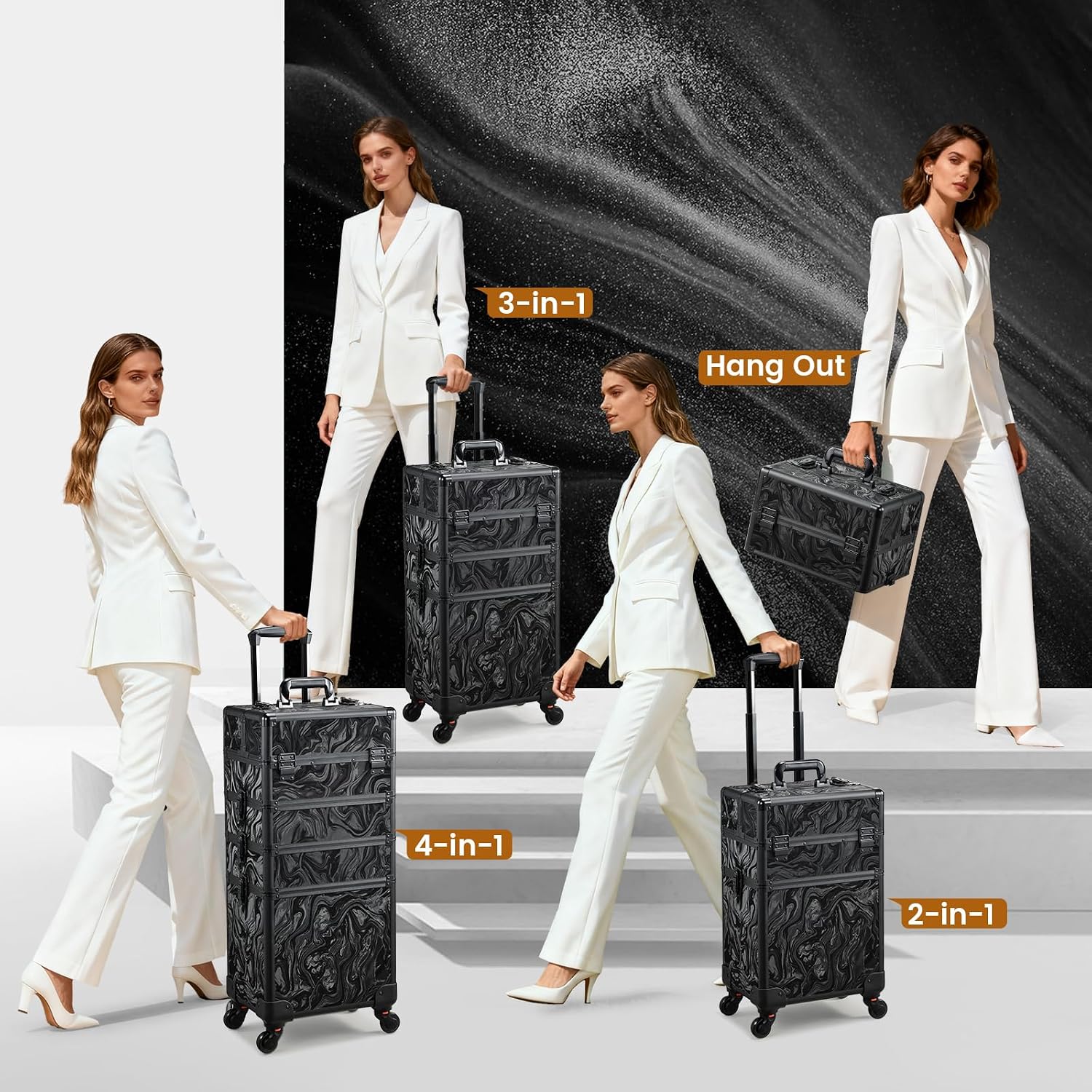 Stagiant Rolling Makeup Case 4 in 1 Cosmetology Case on Wheels Makeup Travel Case with Cosmetic Bag Key Swivel Wheels Salon Barber Case Traveling Cart Trunk Cosmetic Trolley Alpine Black