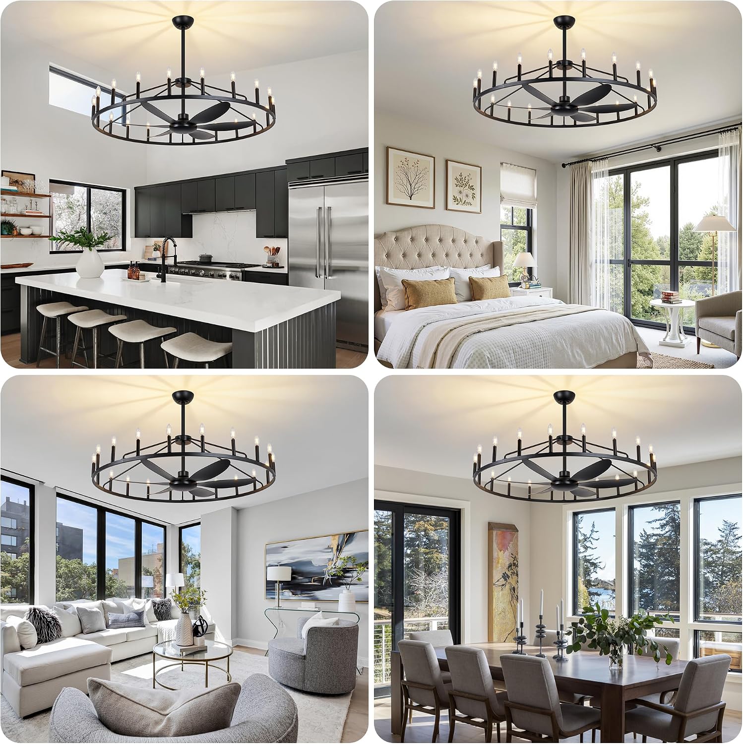 50' Farmhouse Chandelier Ceiling Fan with Light and Remote, 20-Lights Large Wagon Wheel Fandelier with Candle for Living Room,Rustic Walnut Fan with Light
