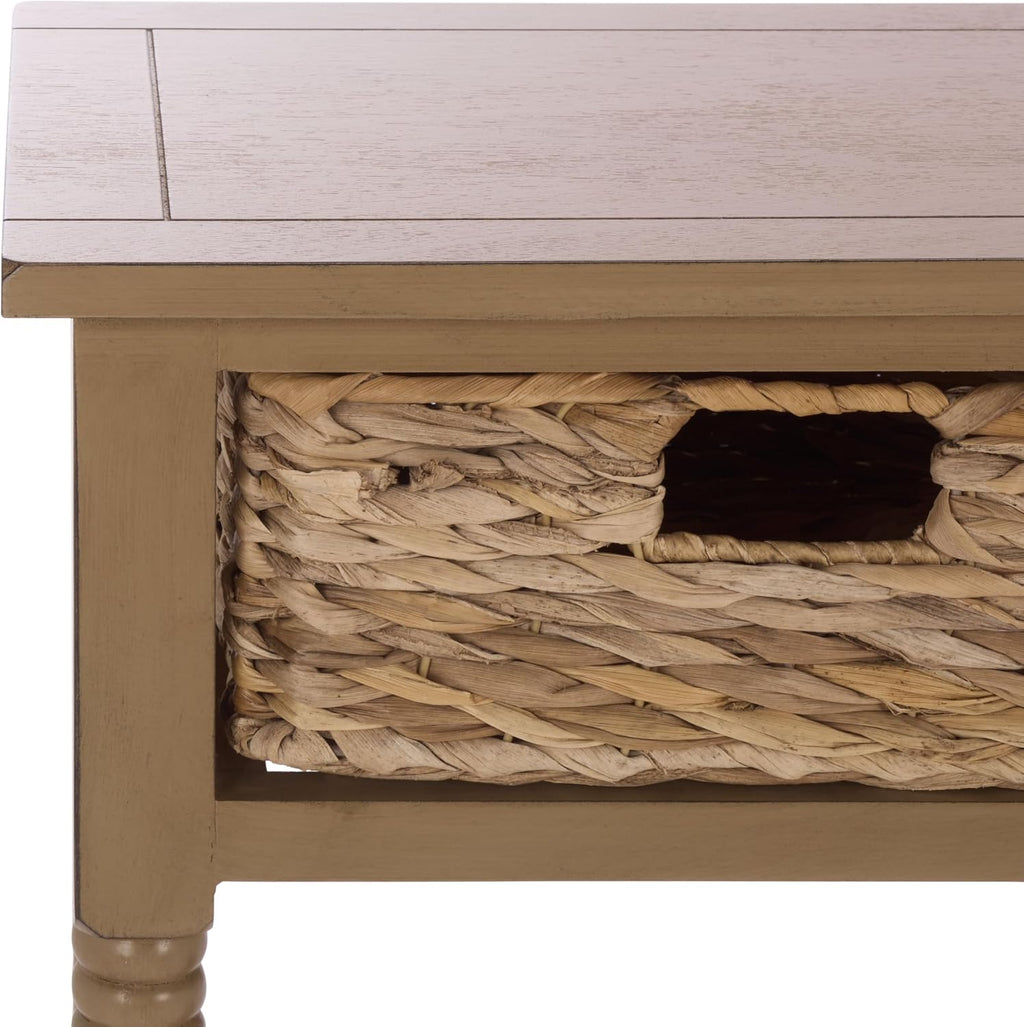 SAFAVIEH Home Collection - Christa Entryway Console Table, Desert Brown Solid Wood 3-Drawer Storage Sofa Table with Rattan Baskets (AMH5737L)