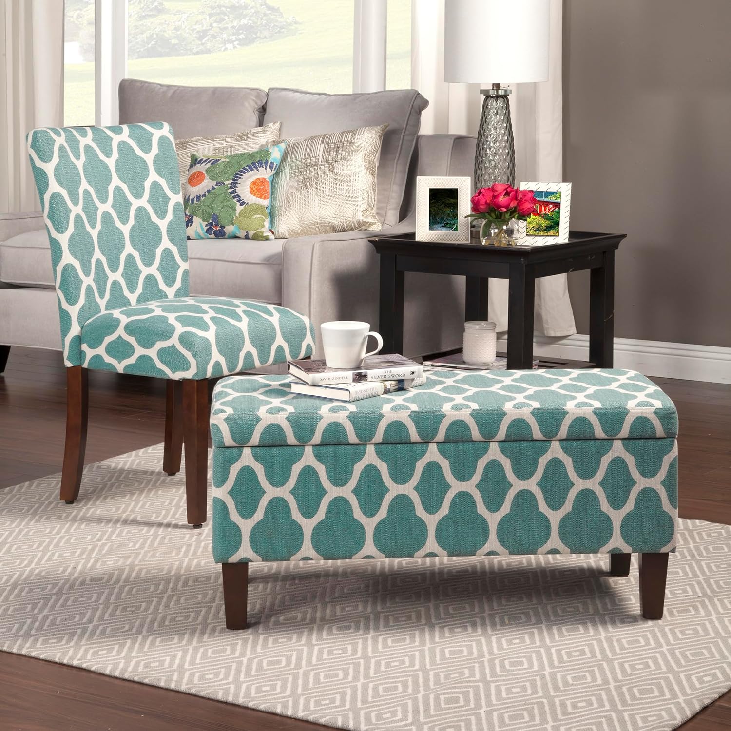 HomePop 36' Storage Ottoman Bench with Hinged Lid - Teal Geometric