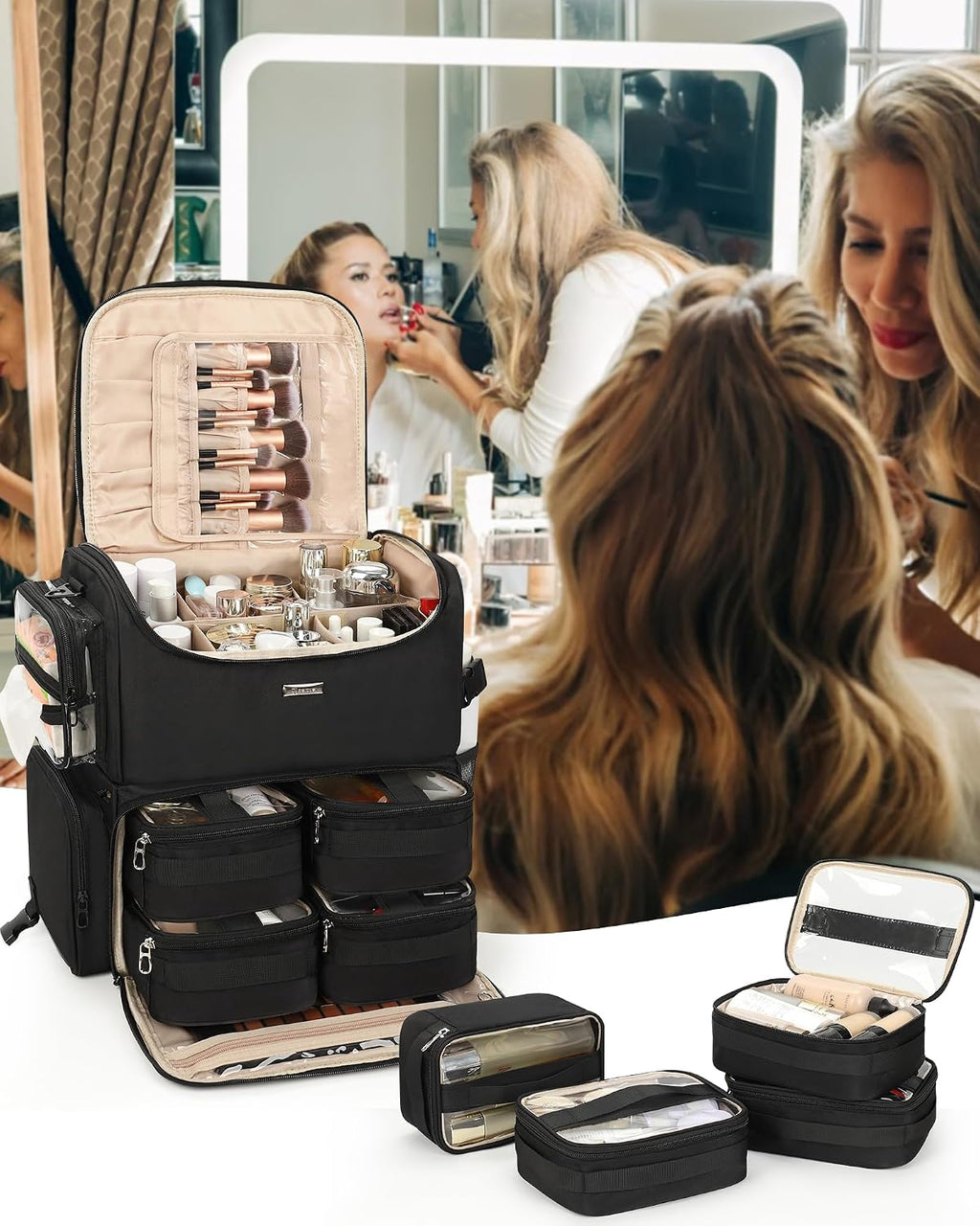 Relavel Rolling Makeup Train Case, Cosmetology Case on Wheels with 4 Clear Bags, Professional Makeup Artist Set Bags Cosmetic Storage Organizer with Adjustable Dividers, 360° Spinner Wheels, Black
