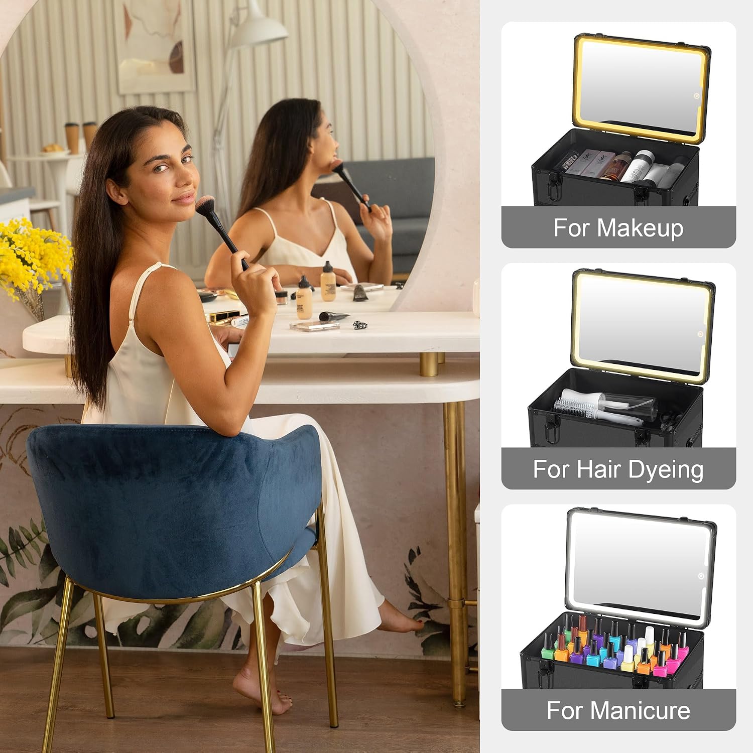 Somduy Makeup Train Case with LED Mirror, Rolling Makeup Case with Drawers, Cosmetology Case on Wheels, Gift, Travel Makeup Organizers, Profesional Cosmetic Case for Salon Barber,Nail,Tattoo, Black
