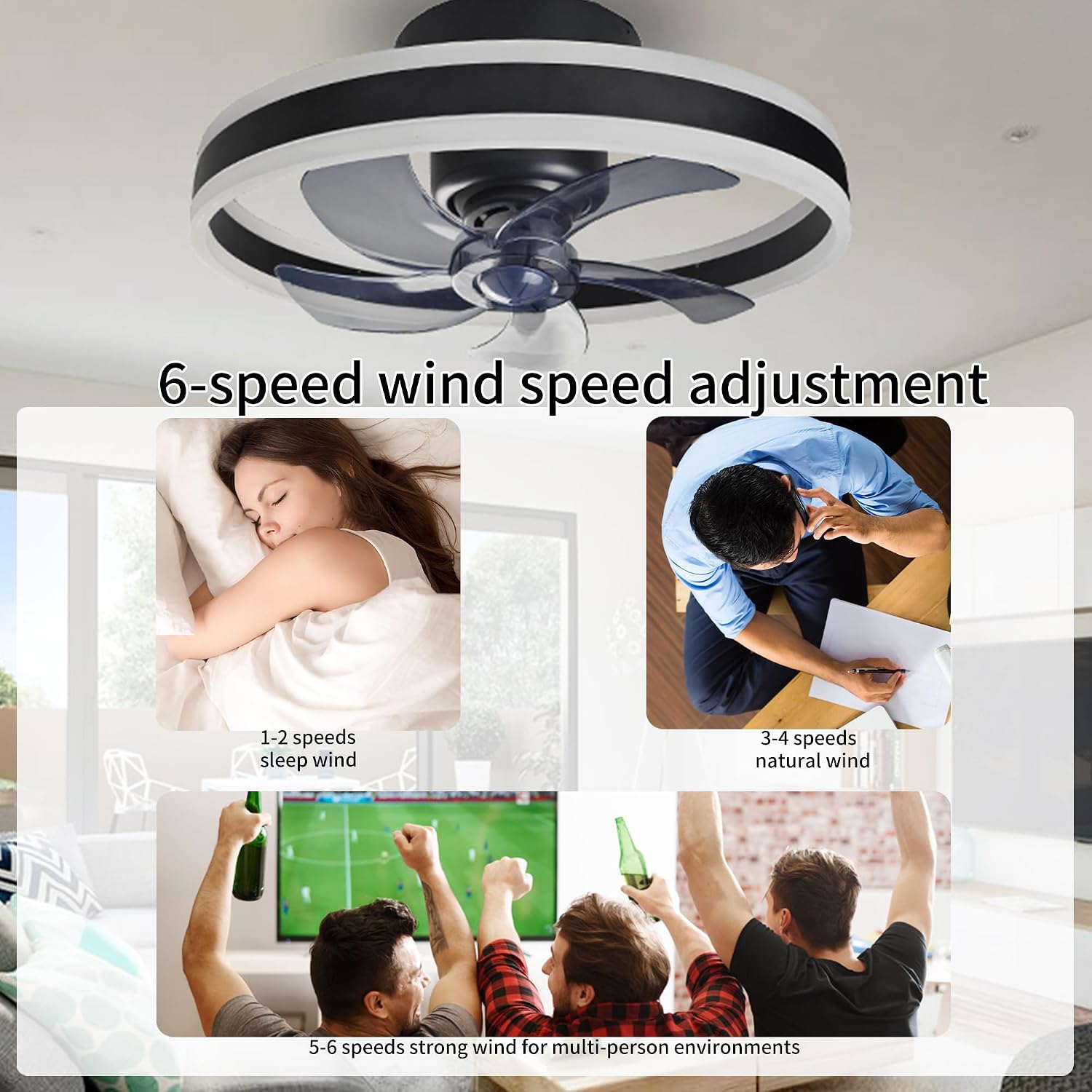 360° Oscillating Low Profile Ceiling Fan with Light, 20' Rotating Modern Flush Mount Ceiling Fan with Lights,LED 3000K-6500K Dimmable Quiet 6 Wind Speeds for Bedroom, Kitchen