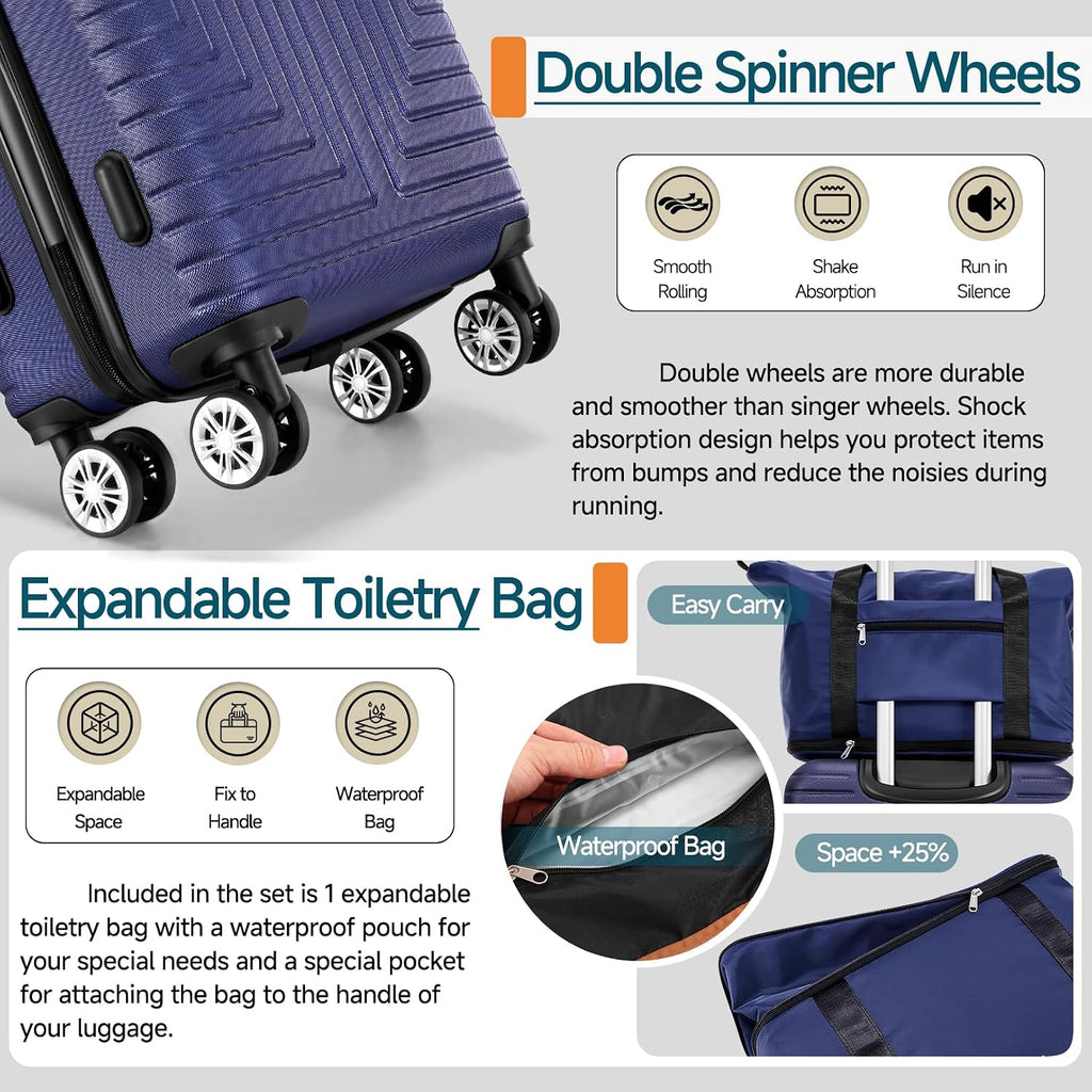 Hoteel Luggage Sets 5 Piece ABS+PC Hardside, 4-Year Warranty, Luggage Set with Double-Spinner Wheels, TSA Lock, Lightweight Carry on Luggage, 20'/24'/28' Suitcase with Duffel & Organizer, Blue