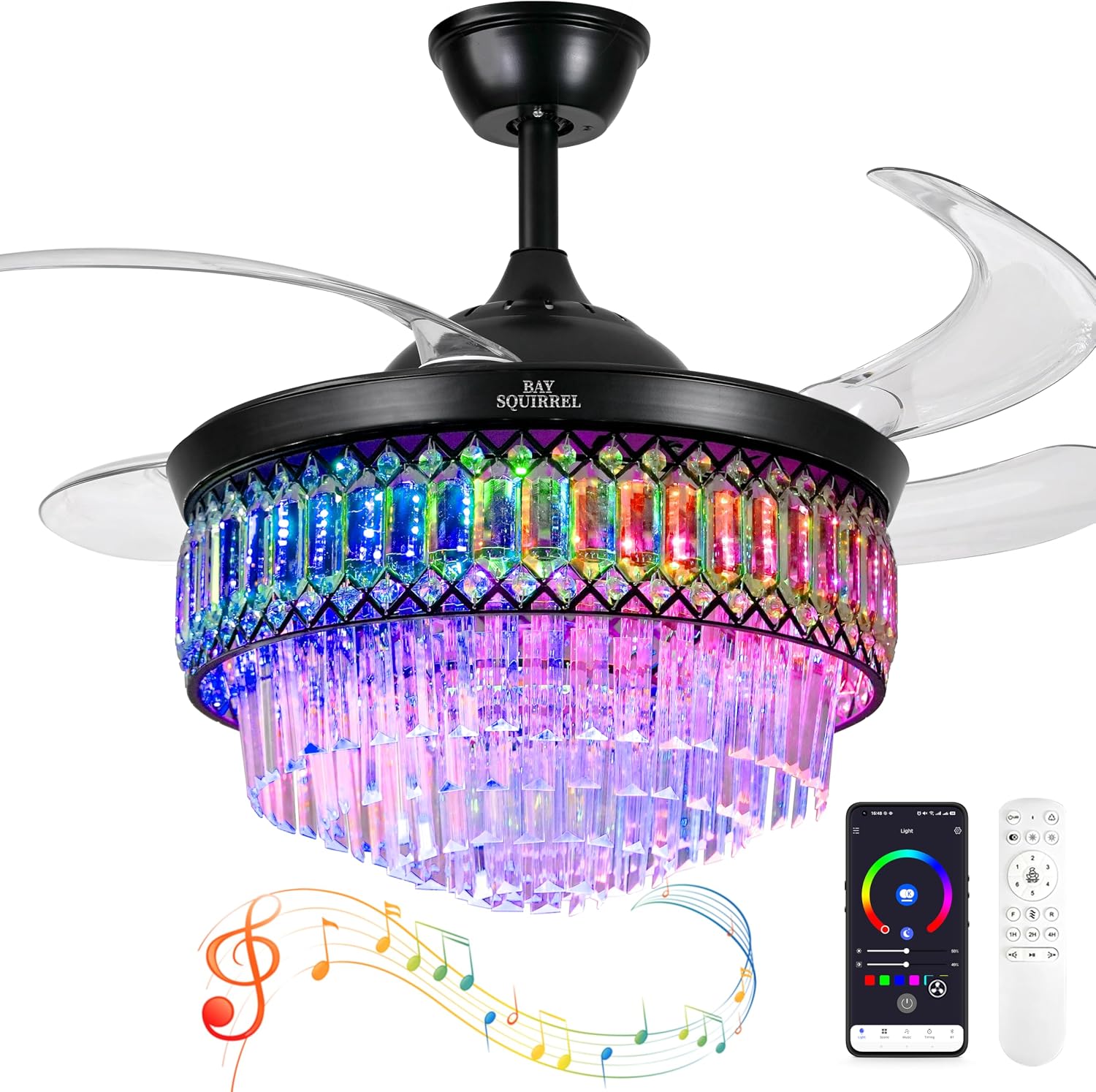 BAYSQUIRREL Retractable Crystal Ceiling Fan with Lights, Bluetooth Ceiling Fan with Speaker, 6-Speed Reversible Blades, RGB-LED Light, Low Profile Modern Fandelier Fan for Bedroom Living Room 42'