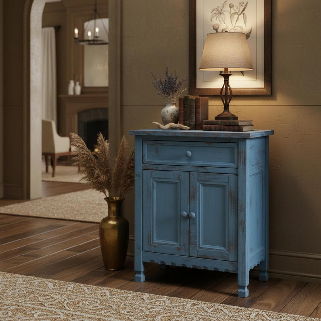 Alaterre Furniture Country Cottage Accent Cabinet with Drawer, Adjustable Shelf & 2 Doors – Rustic Farmhouse Sideboard Buffet Storage Cabinet for Living Room, Dining Room or Entryway (Blue Antique)