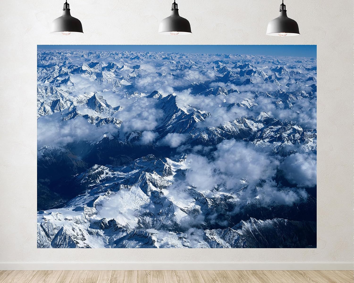 Trykid 20x10ft Aerial Snow Covered Mountains Backdrop Fluffy Clouds Rugged Peaks Expansive Landscape Clear Horizon Photography Background Adventure Event Decoration Photo Booth Prop Fabric