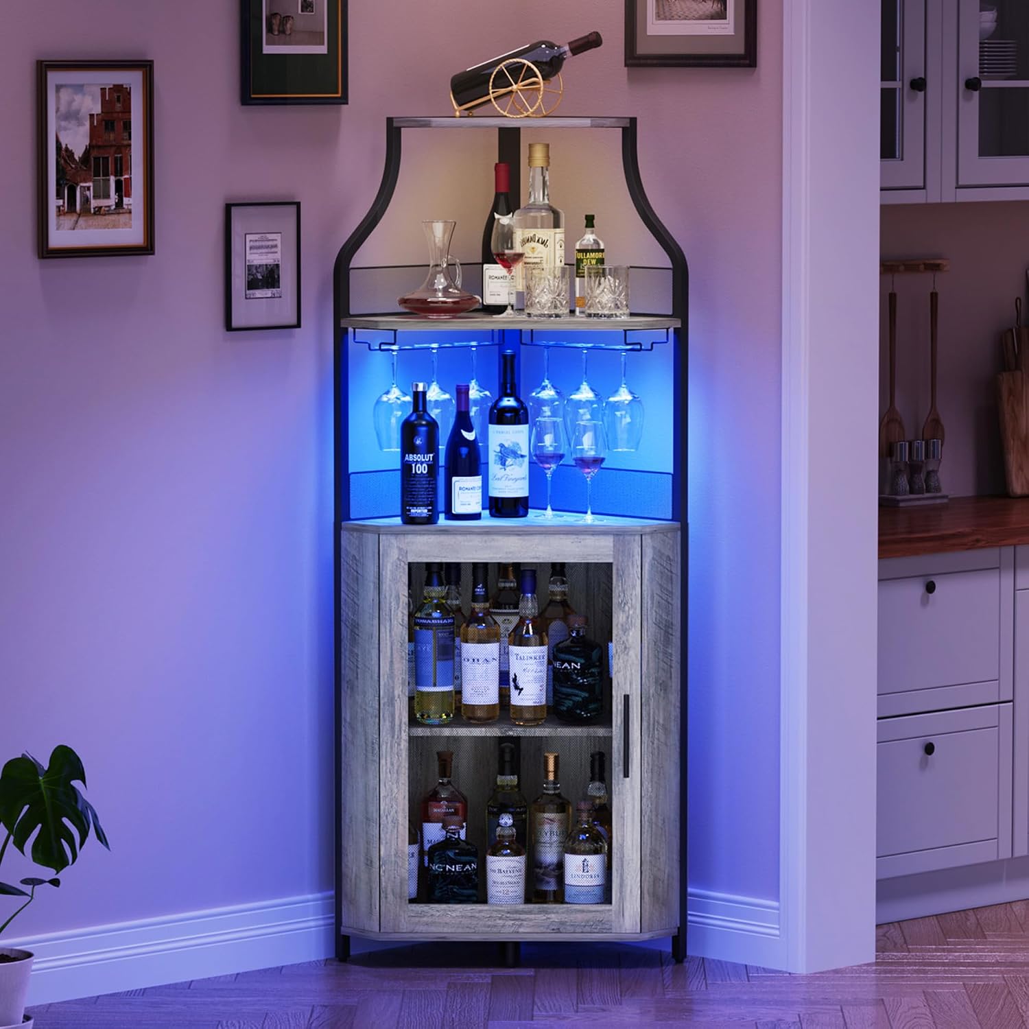 GarveeHome Corner Bar Wine Cabinet with LED Lights, 5-Tier Industrial Wine Cabinet with Glass Holder, Modern Liquor Cabinet with Adjustable Shelf, Home Bar Cabinet with Mesh Door, Grey