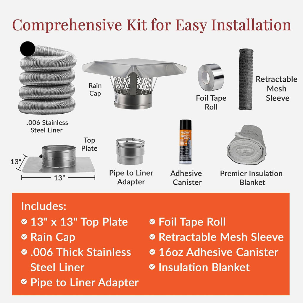 Fireside Chimney Supply Smooth Wall Basic FireSafe Flexible Chimney Liner Insert Kit with Insulation | Fireplace Insert | Stainless Steel Chimney Liner Kit | Made in USA | Heavy-Duty 6 Inch x 20 Feet
