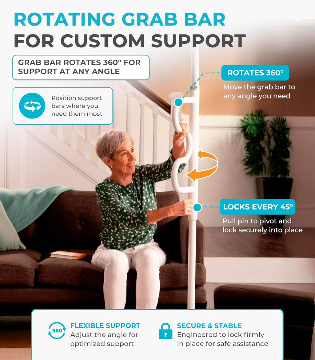 Stander Wonder Pole HD, Heavy Duty Security Pole and Curve Grab Bar, Tension Mounted Floor to Ceiling Transfer Pole for Seniors & Elderly Adults, Bariatric Bath Safety Assist Rail, Supports 400 lbs