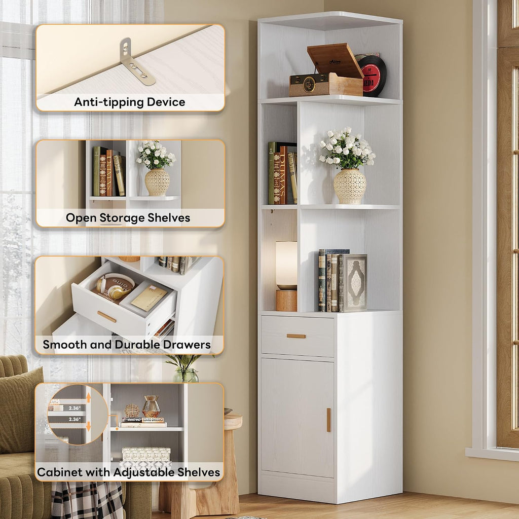 IRONCK Corner Bookshelf，72.8' Tall Corner Shelf with Drawer and Door, Narrow Corner Bookcase with Adjustable Shelves for Living Room Home Office, White