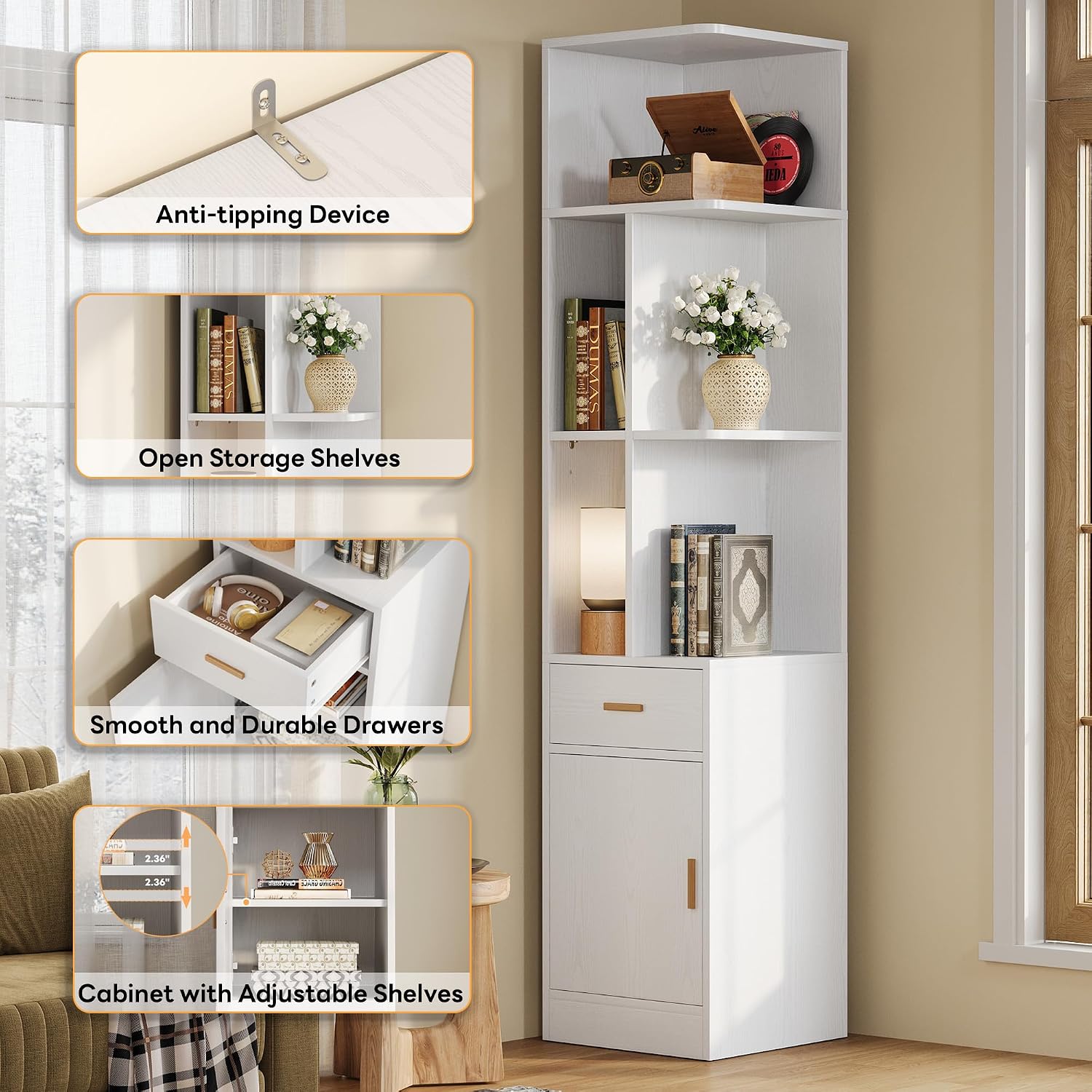 IRONCK Corner Bookshelf，72.8' Tall Corner Shelf with Drawer and Door, Narrow Corner Bookcase with Adjustable Shelves for Living Room Home Office, White