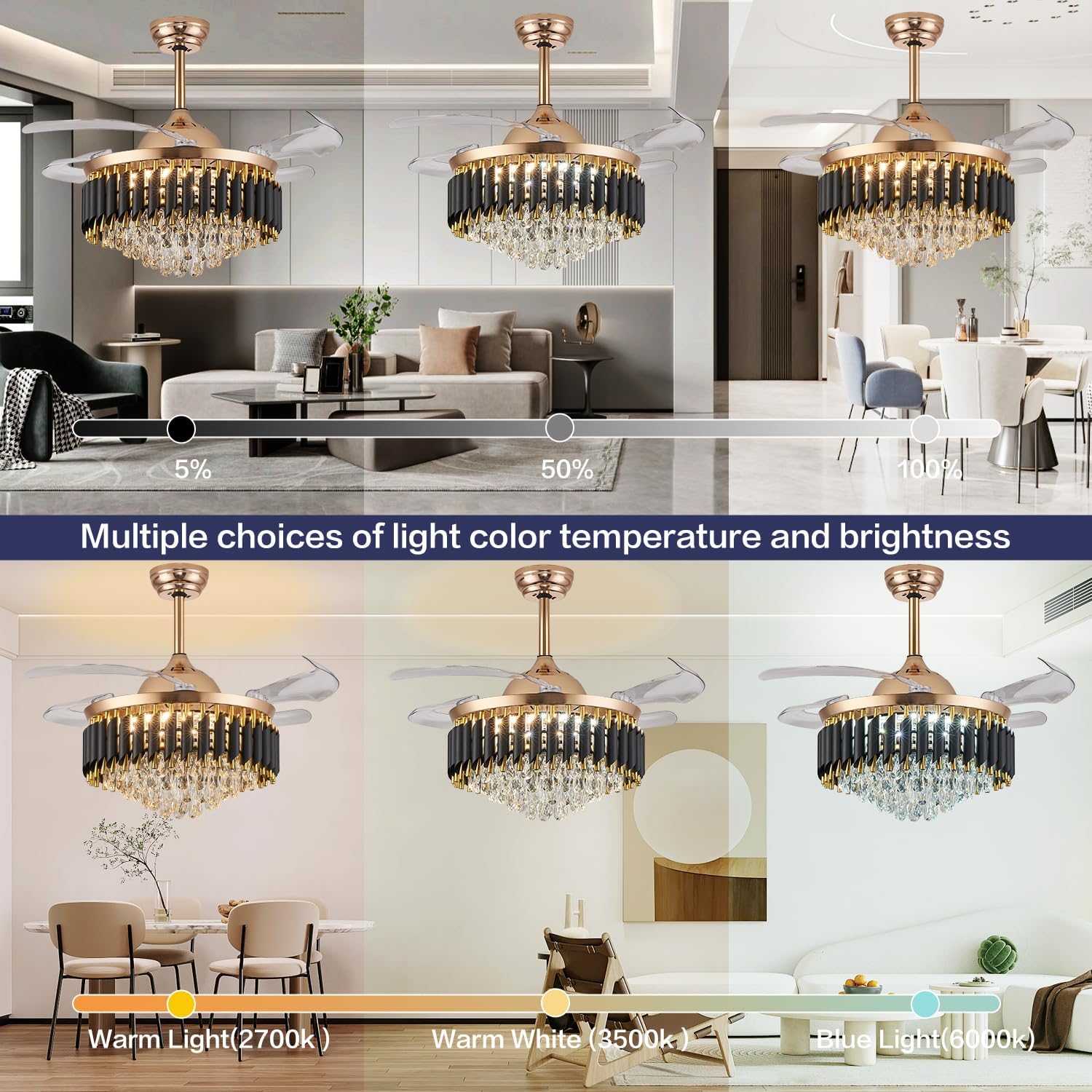 42' Dimmable Gold Fandelier Crystal Ceiling Fans with Lights and Remote Modern Retractable Blade Chandelier Ceiling Fans for Bedroom Dinning Room Living Room