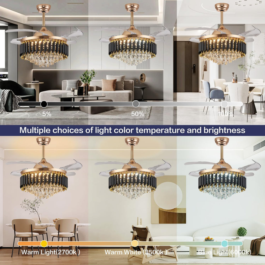 36' Dimmable Gold Fandelier Crystal Ceiling Fans with Lights and Remote Modern Retractable Blade Chandelier Ceiling Fans for Bedroom Dinning Room Living Room