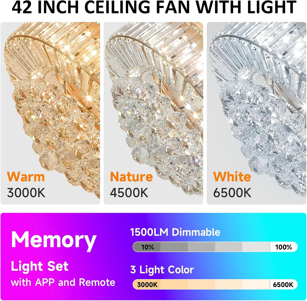 42 Inch Fandelier Ceiling Fans with Light - Retractable Crystal Ceiling Fan and Remote/APP Control, Noiseless DC Motor, RGB Dimmable Lights, Chandelier Ceiling Fan for Bedroom/Living Room Etc
