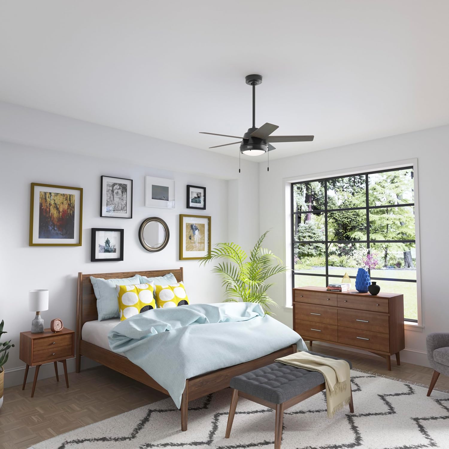 Hunter 44 inch Indoor Ceiling Fan with LED Light - Black Ceiling Fan with Pull Chain, For Bedroom or Living Room, Standard Mount, No Remote, 5 Blades, Includes Bulbs - Burroughs 51385, Matte Black