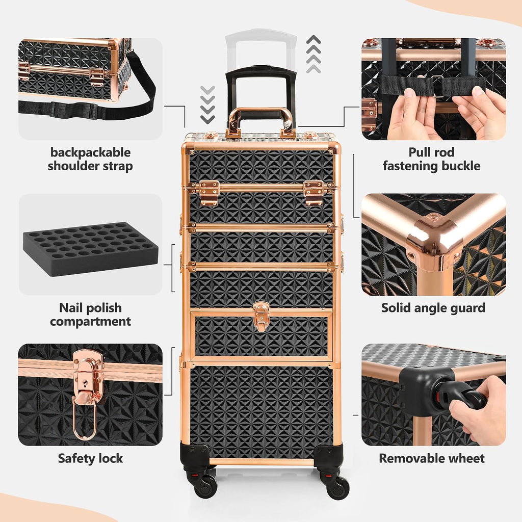 Makeup Train Case with Drawer, Rolling Makeup Case, Cosmetology Case on Wheels, Gift, Large Makeup Case Organizers, Professional for Salon Barber, Nail, Tattoo, Black Gold