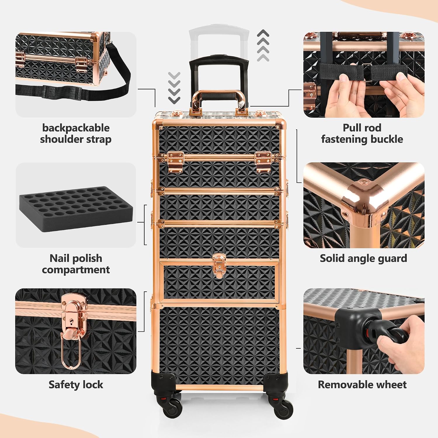 Makeup Train Case with Drawer, Rolling Makeup Case, Cosmetology Case on Wheels, Gift, Large Makeup Case Organizers, Professional for Salon Barber, Nail, Tattoo, Black Gold