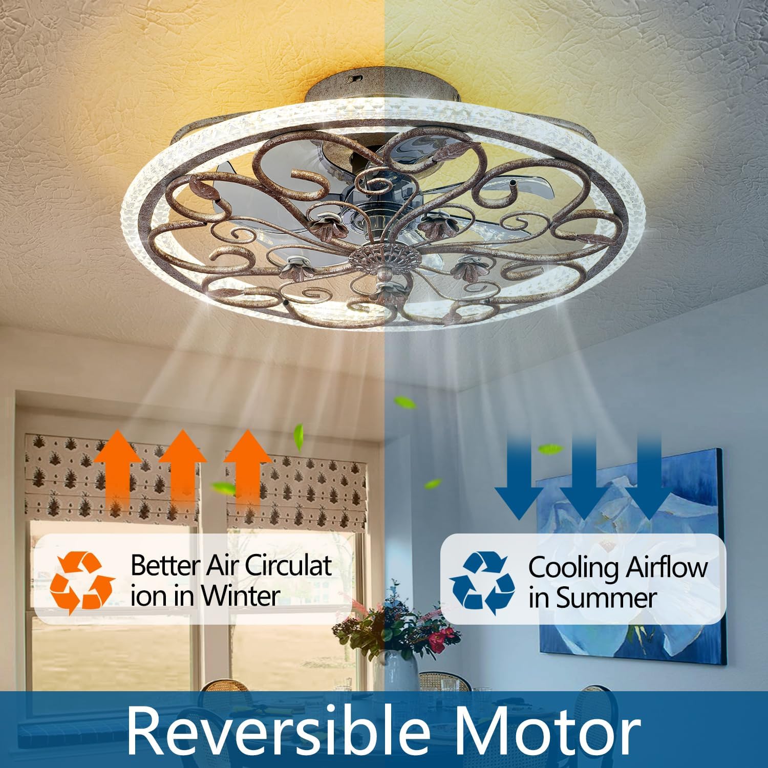 Rustic Caged Ceiling Fan with Lights Remote Control, Retro Industrial Ceiling Fan with Light for Kitchen Bedroom Living Room